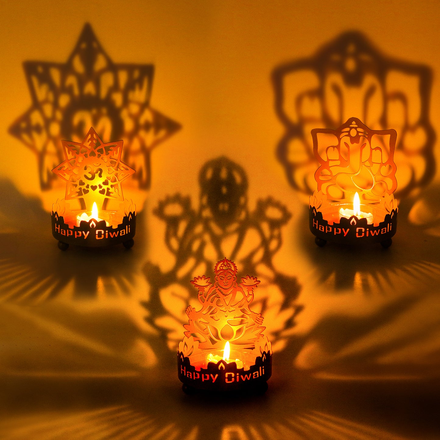 Metal Shadow Diwali Diya Set - 3PCS Diwali Gift for Indian Friend Ganesha Lakshmi OM T-Light Candle Holder for India Wedding Navratri Puja Dhanteras Pongal Karva Chauth Mandir Temple Altar Pooja Item