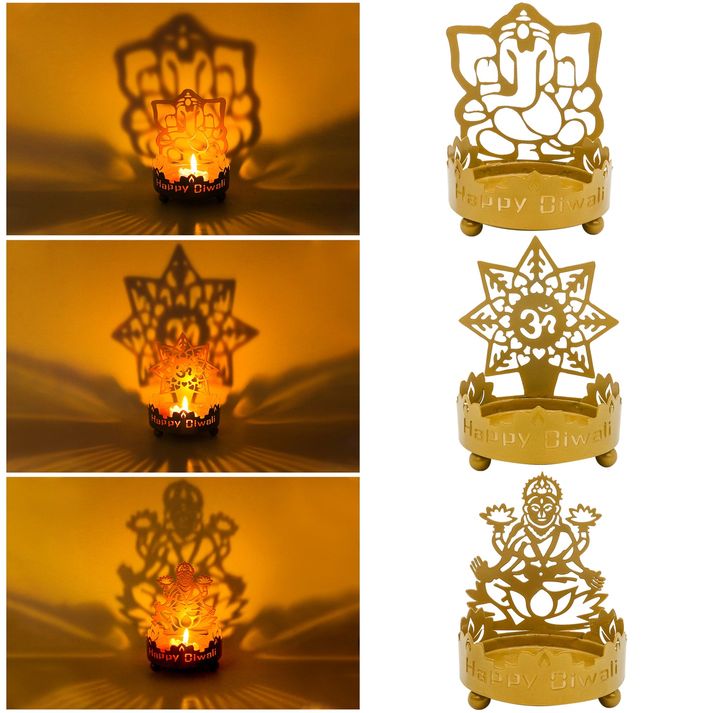 Metal Shadow Diwali Diya Set - 3PCS Diwali Gift for Indian Friend Ganesha Lakshmi OM T-Light Candle Holder for India Wedding Navratri Puja Dhanteras Pongal Karva Chauth Mandir Temple Altar Pooja Item