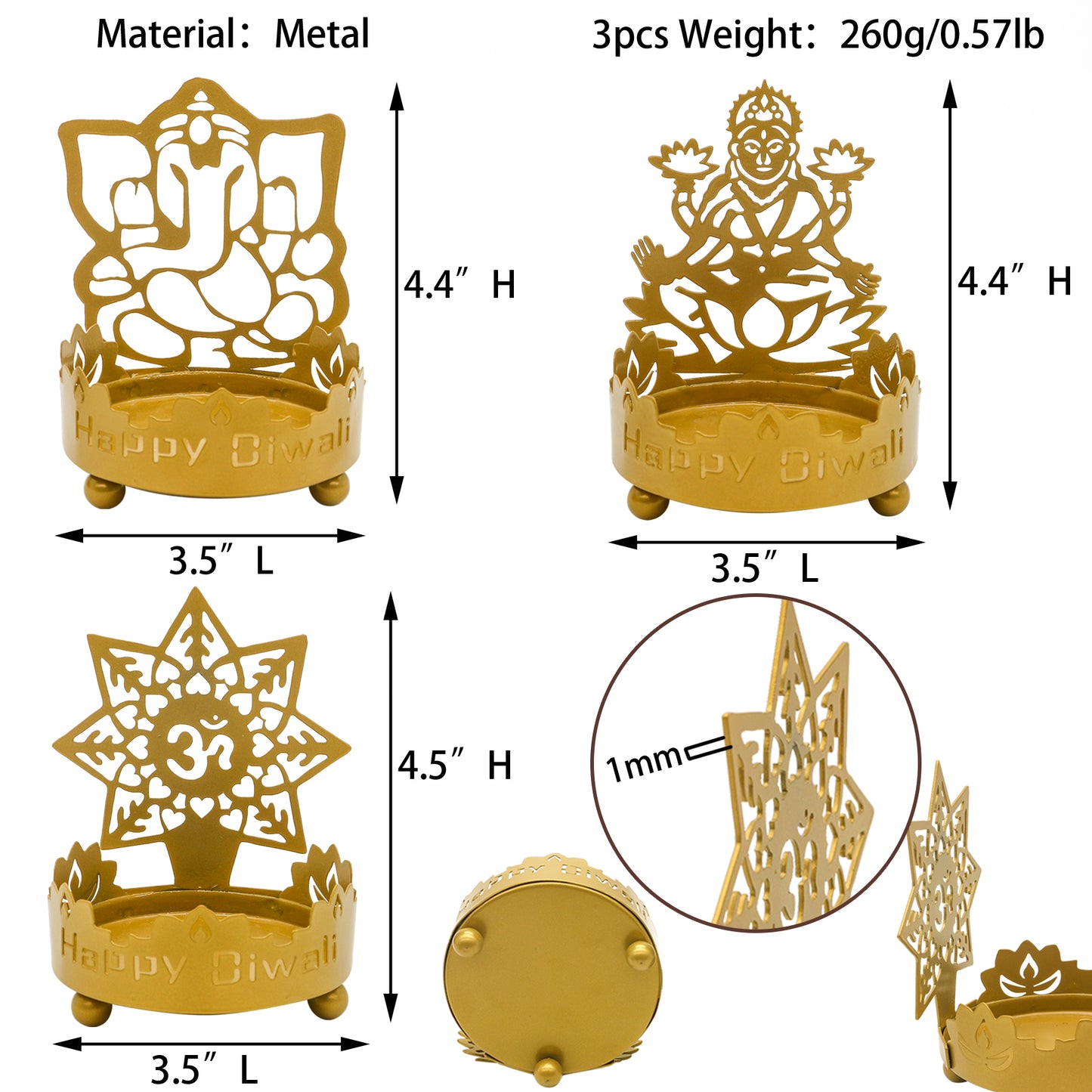 Metal Shadow Diwali Diya Set - 3PCS Diwali Gift for Indian Friend Ganesha Lakshmi OM T-Light Candle Holder for India Wedding Navratri Puja Dhanteras Pongal Karva Chauth Mandir Temple Altar Pooja Item