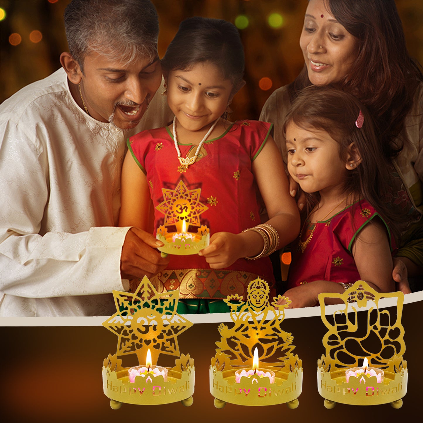 Metal Shadow Diwali Diya Set - 3PCS Diwali Gift for Indian Friend Ganesha Lakshmi OM T-Light Candle Holder for India Wedding Navratri Puja Dhanteras Pongal Karva Chauth Mandir Temple Altar Pooja Item