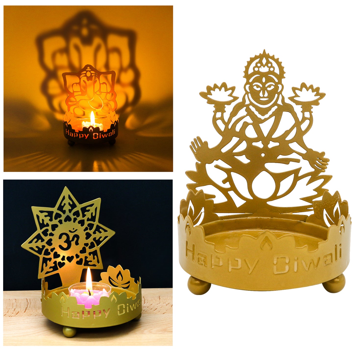 Metal Shadow Diwali Diya Set - 3PCS Diwali Gift for Indian Friend Ganesha Lakshmi OM T-Light Candle Holder for India Wedding Navratri Puja Dhanteras Pongal Karva Chauth Mandir Temple Altar Pooja Item