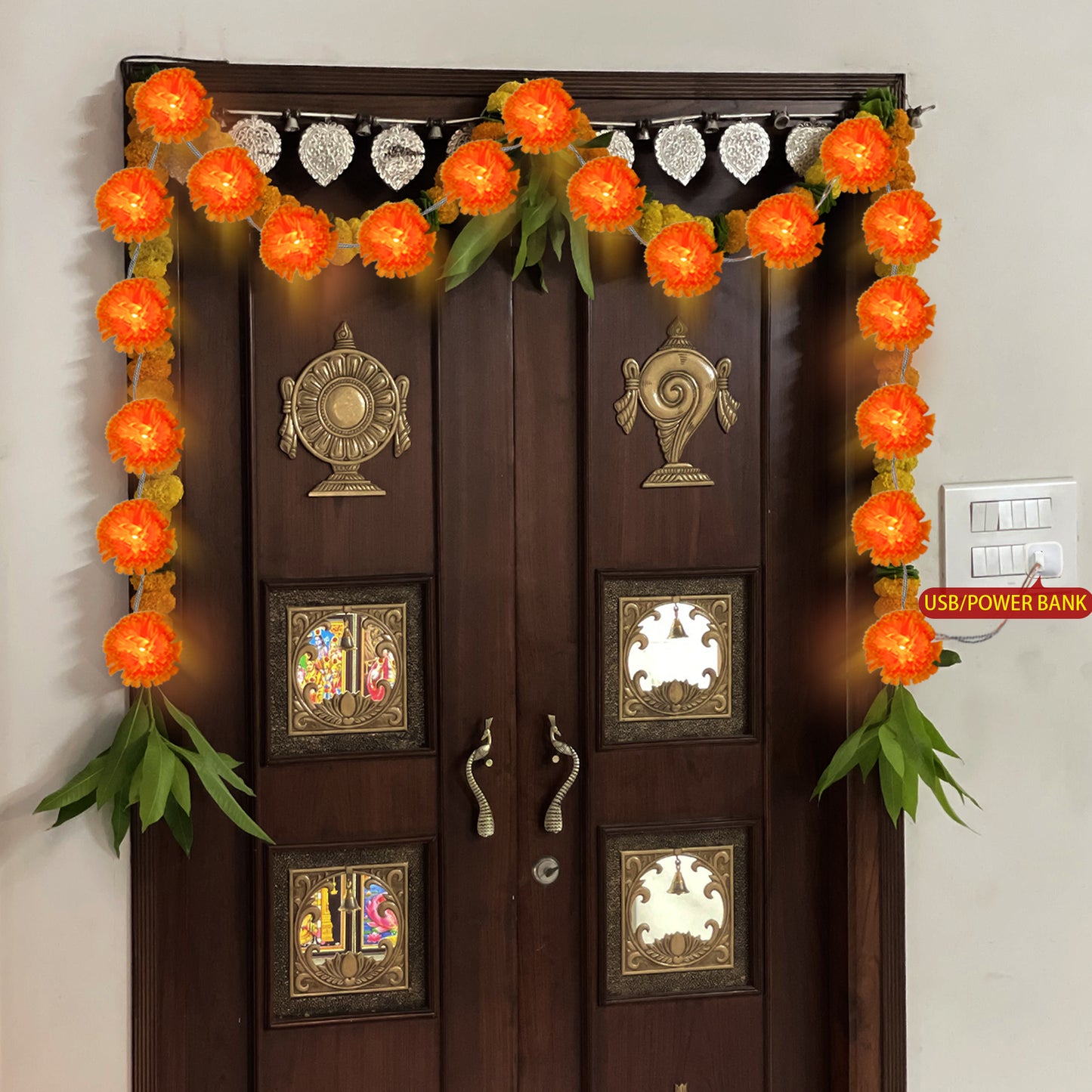 alikiki Artificial Marigold Flowers String Lights - 2 Packs USB-Powered Fabric Marigold Garland for Diwali Puja Gifts, Weddings, Indian Parties,Diwali Wall Door Pooja Room Altar Decor