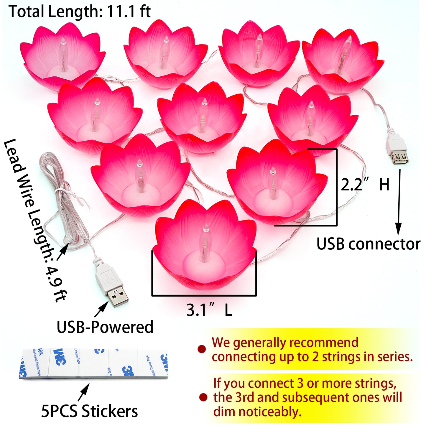 Diwali Lotus LED Diyas String-Lights - USB Powered Waterproof Diwali Diya Lights for Pooja Item Indian Home Office Mandir Puja Decor - Includes 5 Stickers (11.1ft)