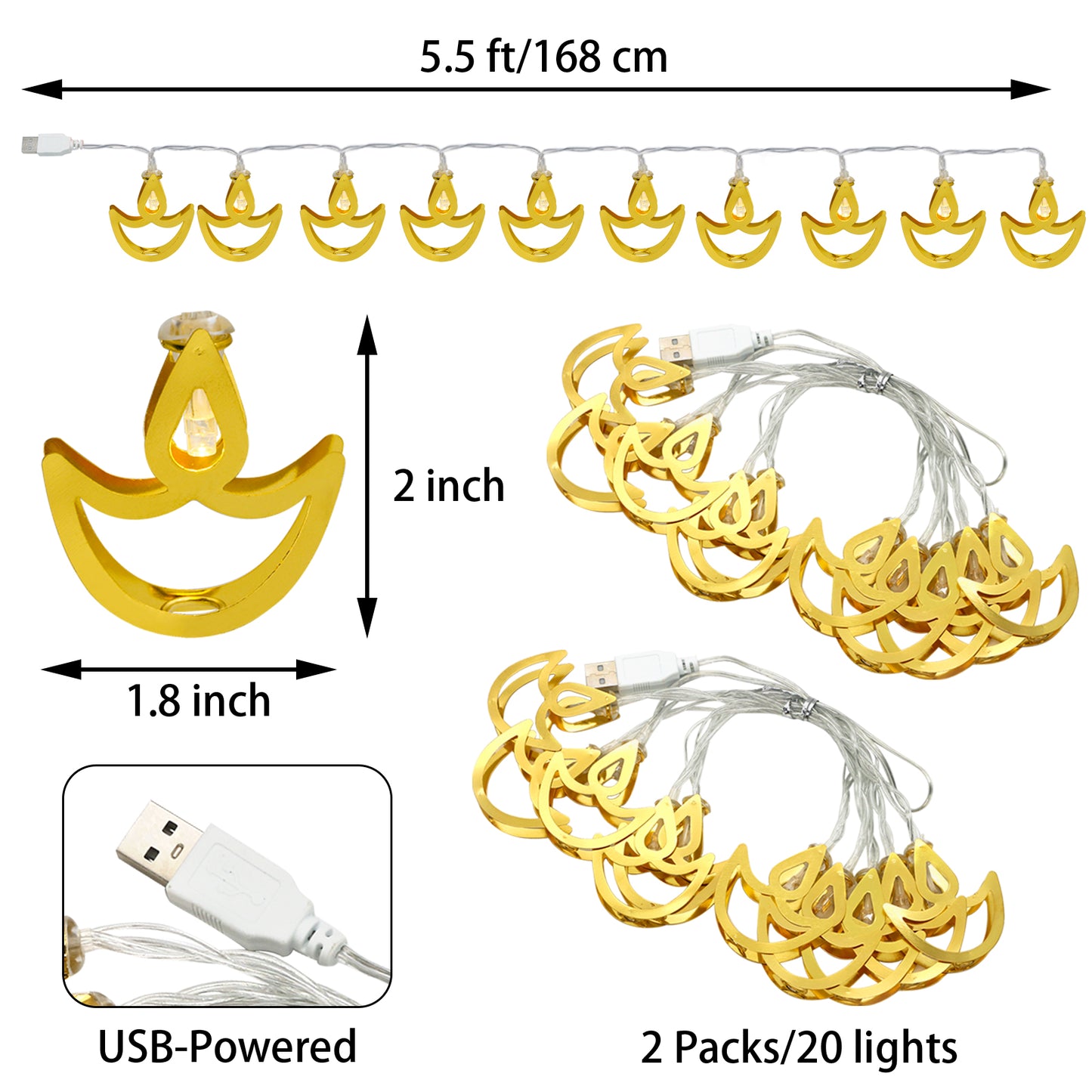 2 Strings 20pcs Metal Diwali Diya String Lights - Warm White USB LED Electric Diya Lights for Diwali Gifts, Mandir, Altar, Shrine Pooja Decor - Reusable Hindu Festival Wedding Puja Decorations