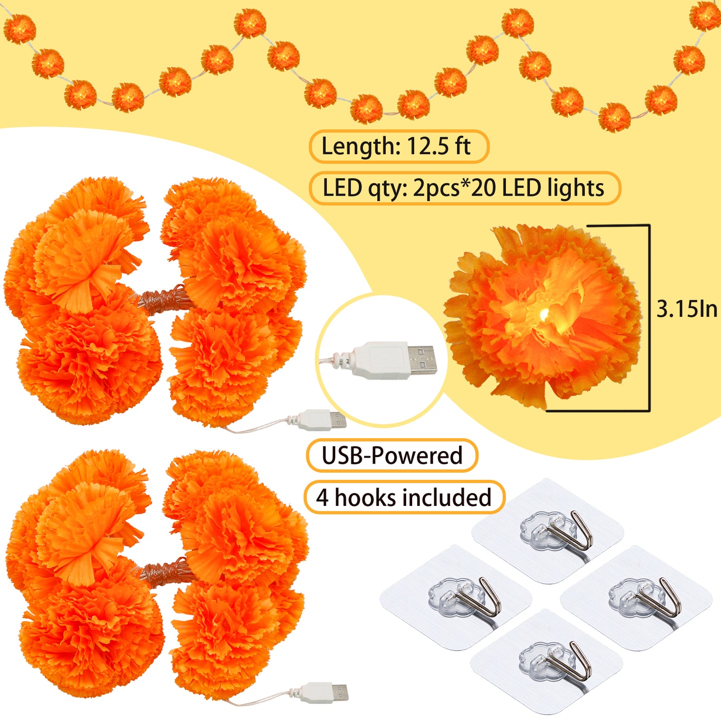 alikiki Artificial Marigold Flowers String Lights - 2 Packs USB-Powered Fabric Marigold Garland for Diwali Puja Gifts, Weddings, Indian Parties,Diwali Wall Door Pooja Room Altar Decor