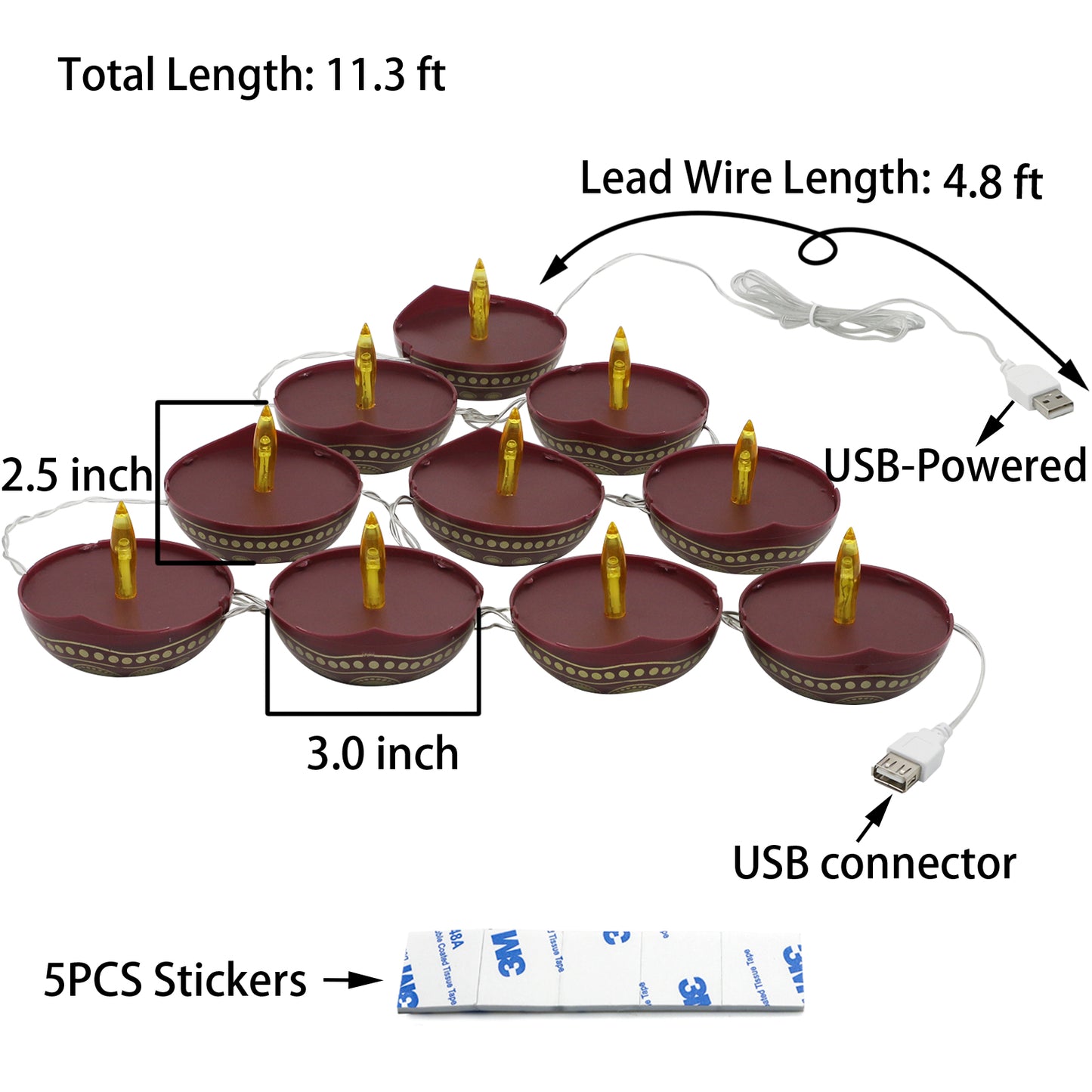 Diwali Diyas String Lights Decor - 10 LED Diyas Lights USB Operated Indian Pooja Room Home Office Mandir Puja Gifts Hindu Wedding Light