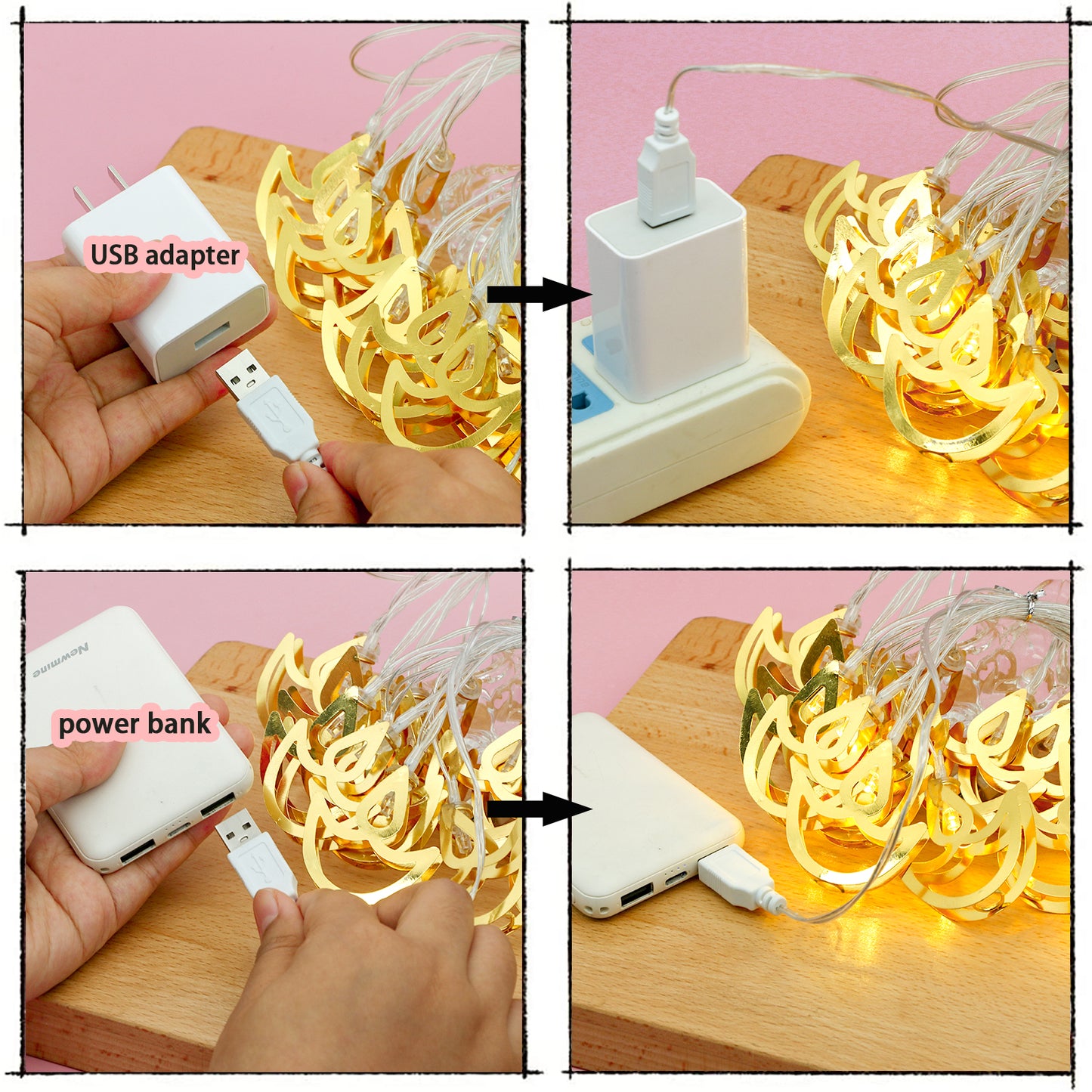 2 Strings 20pcs Metal Diwali Diya String Lights - Warm White USB LED Electric Diya Lights for Diwali Gifts, Mandir, Altar, Shrine Pooja Decor - Reusable Hindu Festival Wedding Puja Decorations