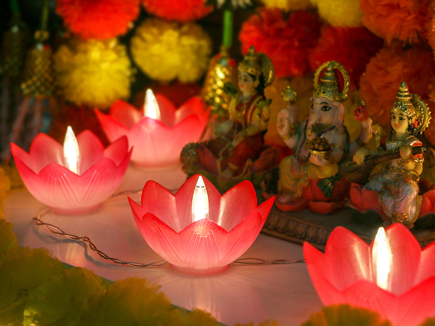 Diwali Lotus LED Diyas String-Lights - USB Powered Waterproof Diwali Diya Lights for Pooja Item Indian Home Office Mandir Puja Decor - Includes 5 Stickers (11.1ft)