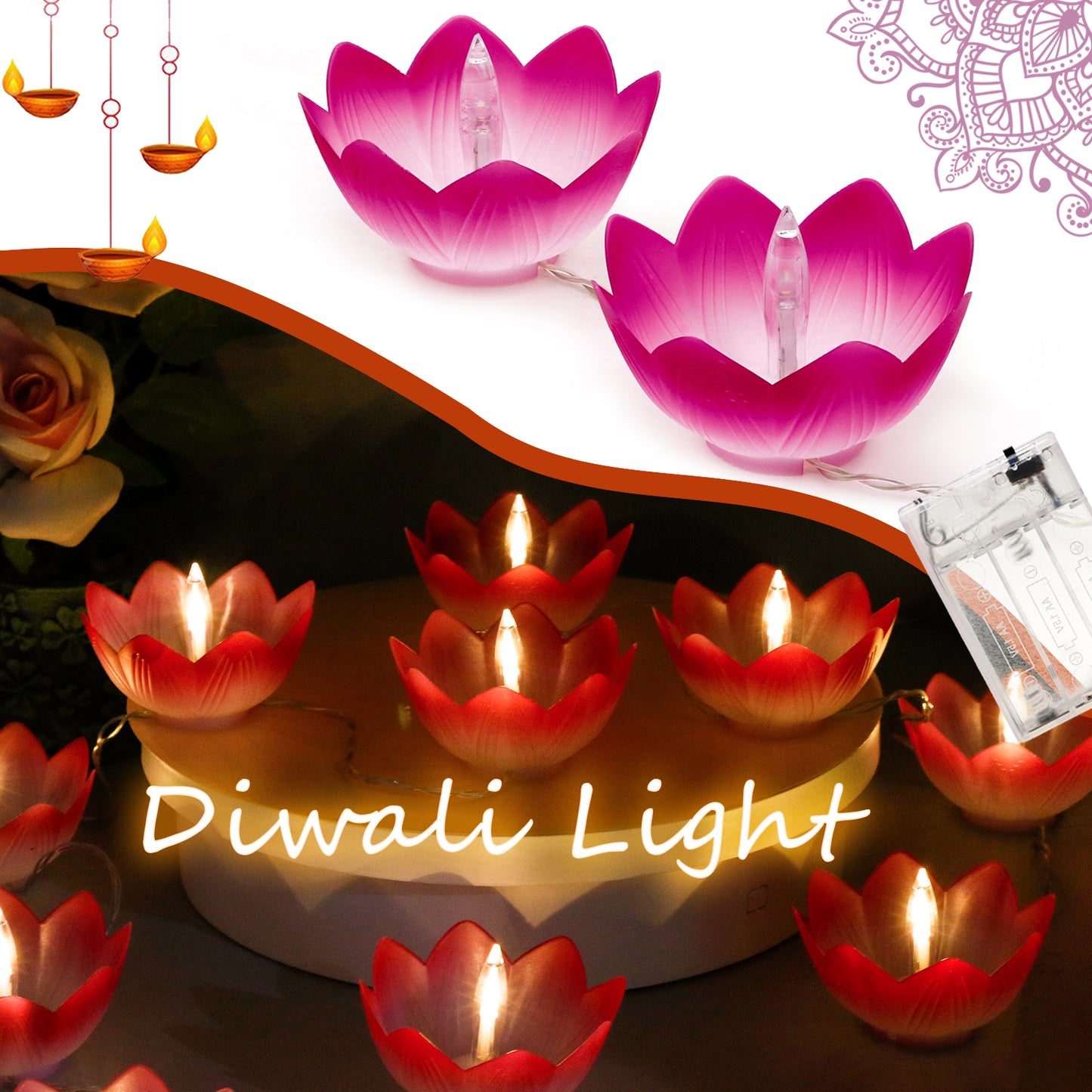 Diwali Gifts Electronic LED Diyas - Lotus Shaped Diya String Lights Diwali Pooja Item Indian Home Office Mandir Puja Decor, 10 Lotus Diyas per String, Battery Operated, Waterproof