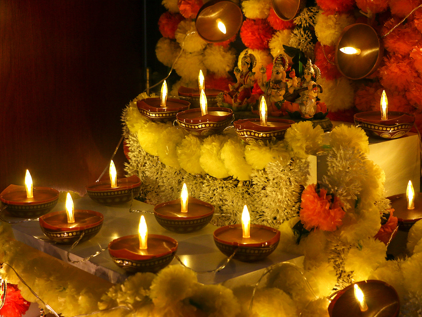 Diwali Diyas String Lights Decor - 10 LED Diyas Lights USB Operated Indian Pooja Room Home Office Mandir Puja Gifts Hindu Wedding Light