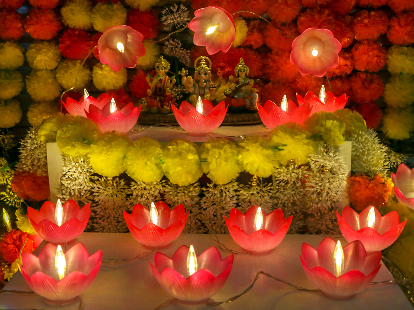Diwali Lotus LED Diyas String-Lights - USB Powered Waterproof Diwali Diya Lights for Pooja Item Indian Home Office Mandir Puja Decor - Includes 5 Stickers (11.1ft)