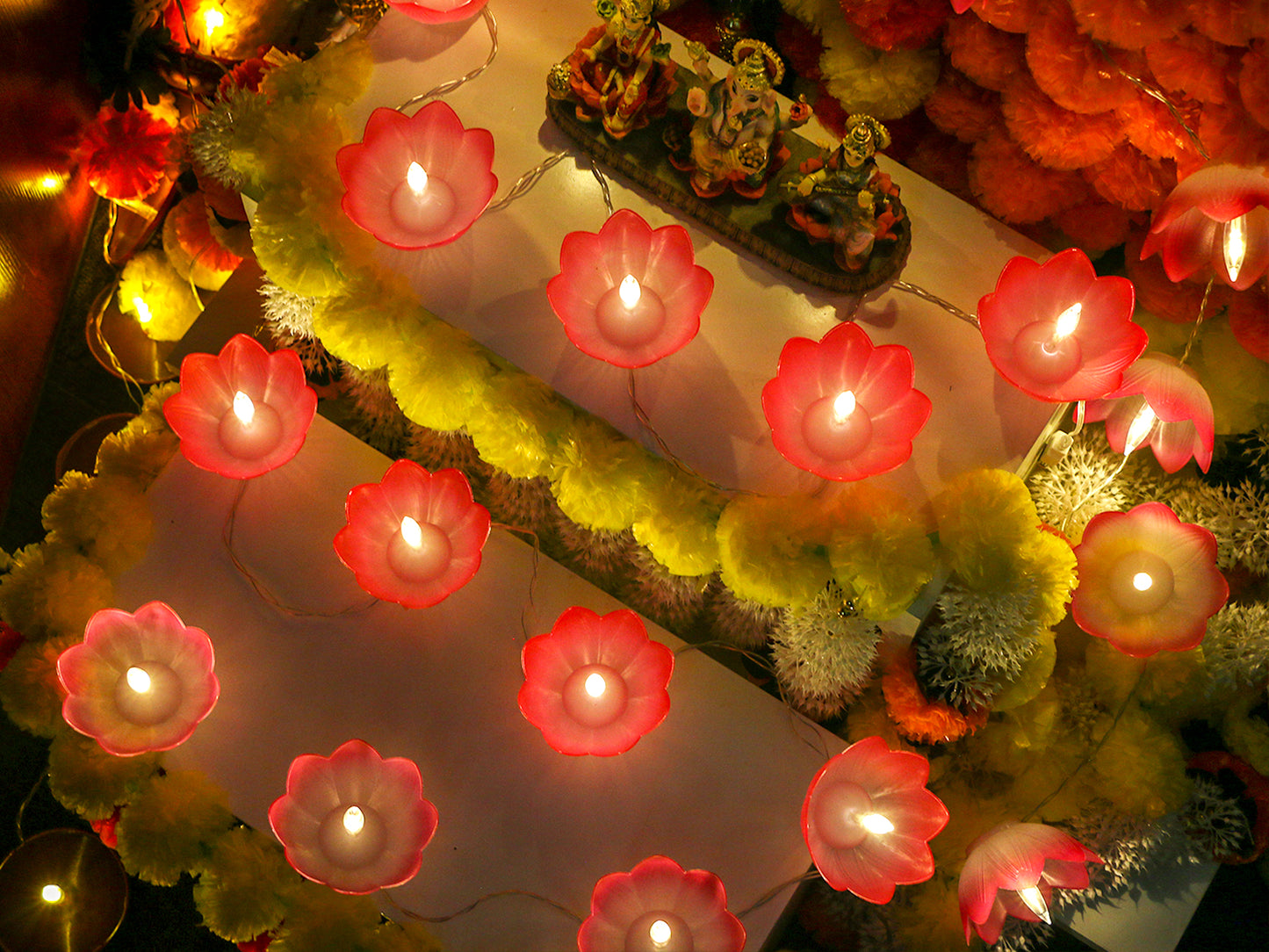 Diwali Lotus LED Diyas String-Lights - USB Powered Waterproof Diwali Diya Lights for Pooja Item Indian Home Office Mandir Puja Decor - Includes 5 Stickers (11.1ft)
