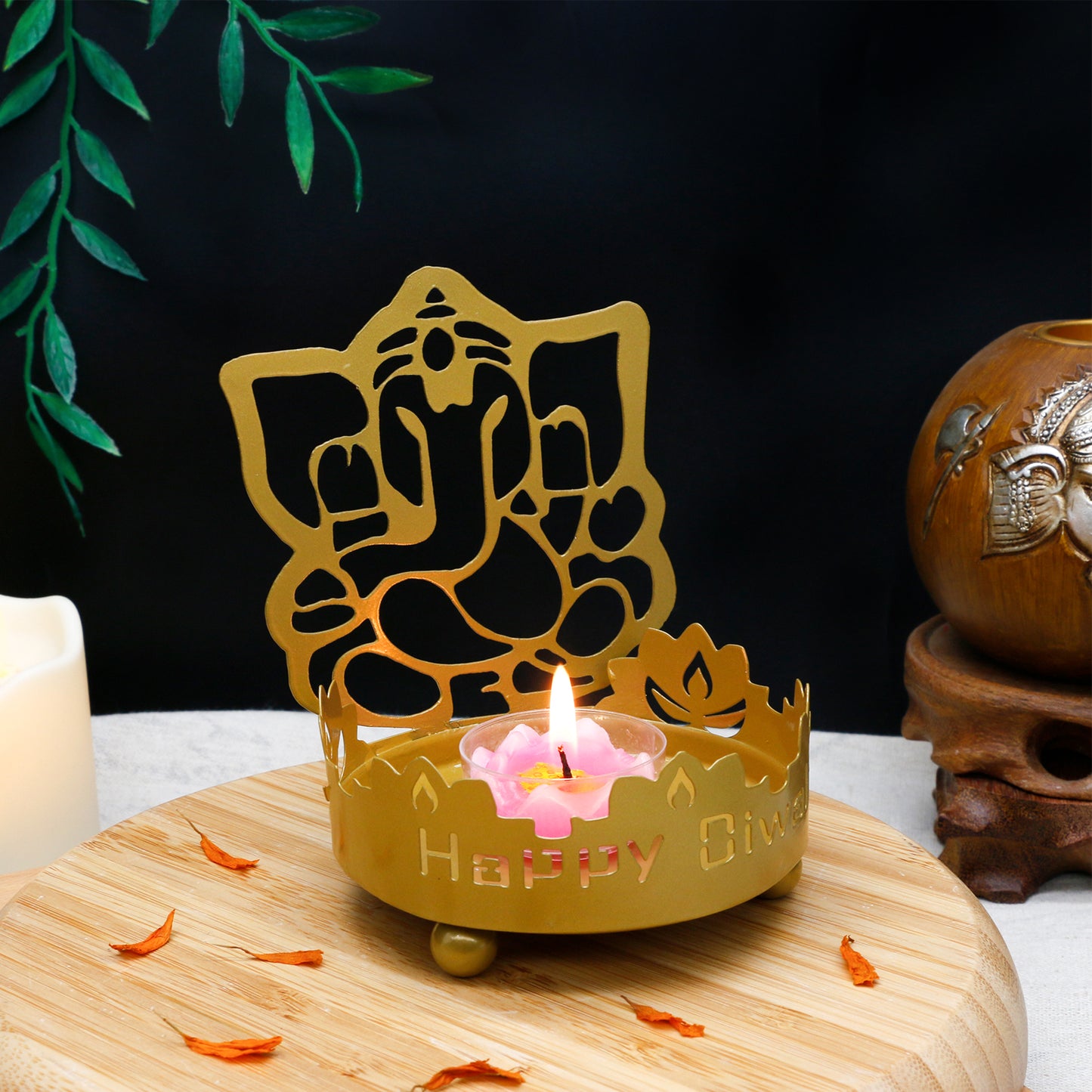 Metal Shadow Diwali Diya Set - 3PCS Diwali Gift for Indian Friend Ganesha Lakshmi OM T-Light Candle Holder for India Wedding Navratri Puja Dhanteras Pongal Karva Chauth Mandir Temple Altar Pooja Item