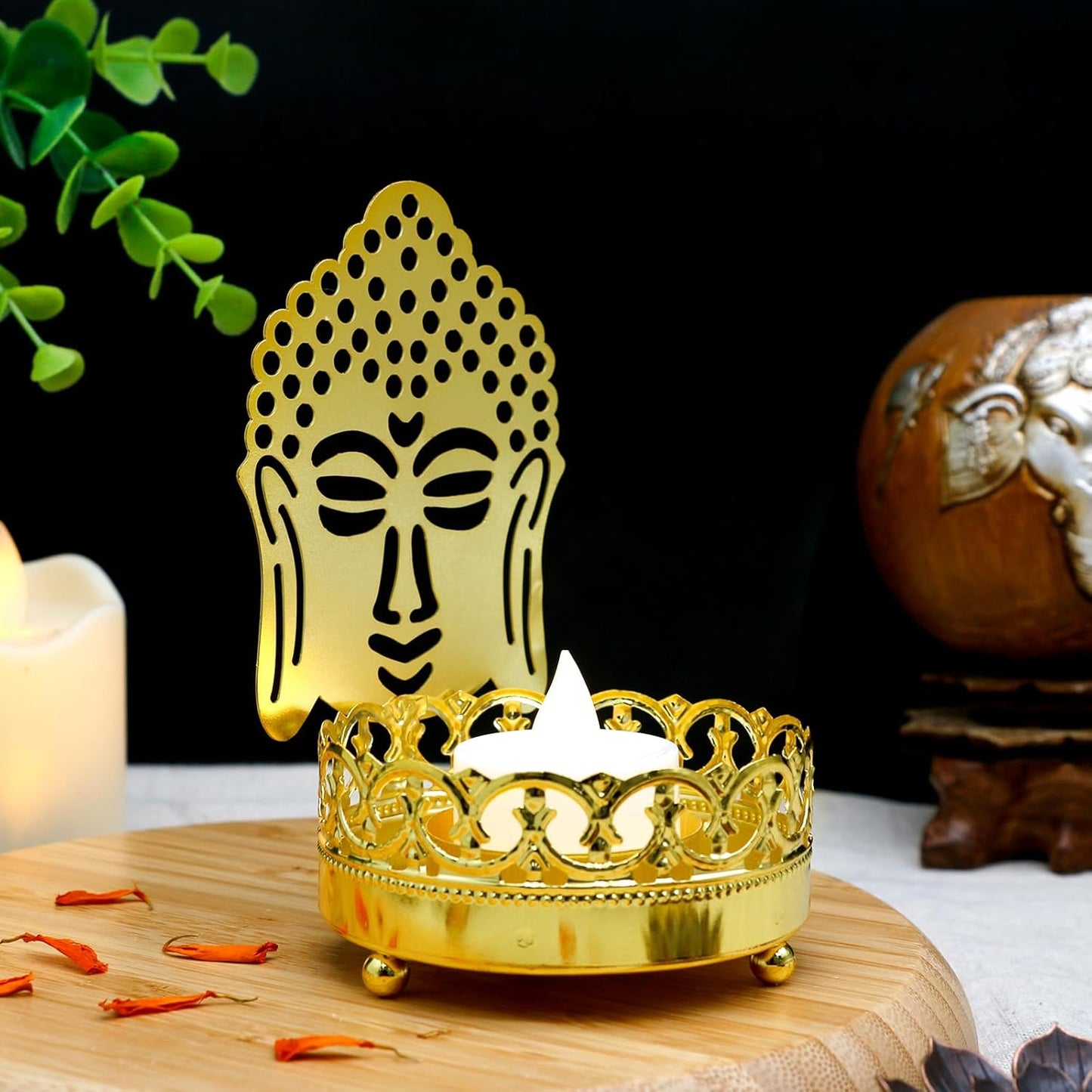 Metal Buddha Shadow Candle Holder - Buddha Head & Meditation Sitting Buddha Shapes Diya Spiritual Decor Tranquil Ambiance Zen Gifts T-Light Holder Yoga Studio Zen Room Altar Decor