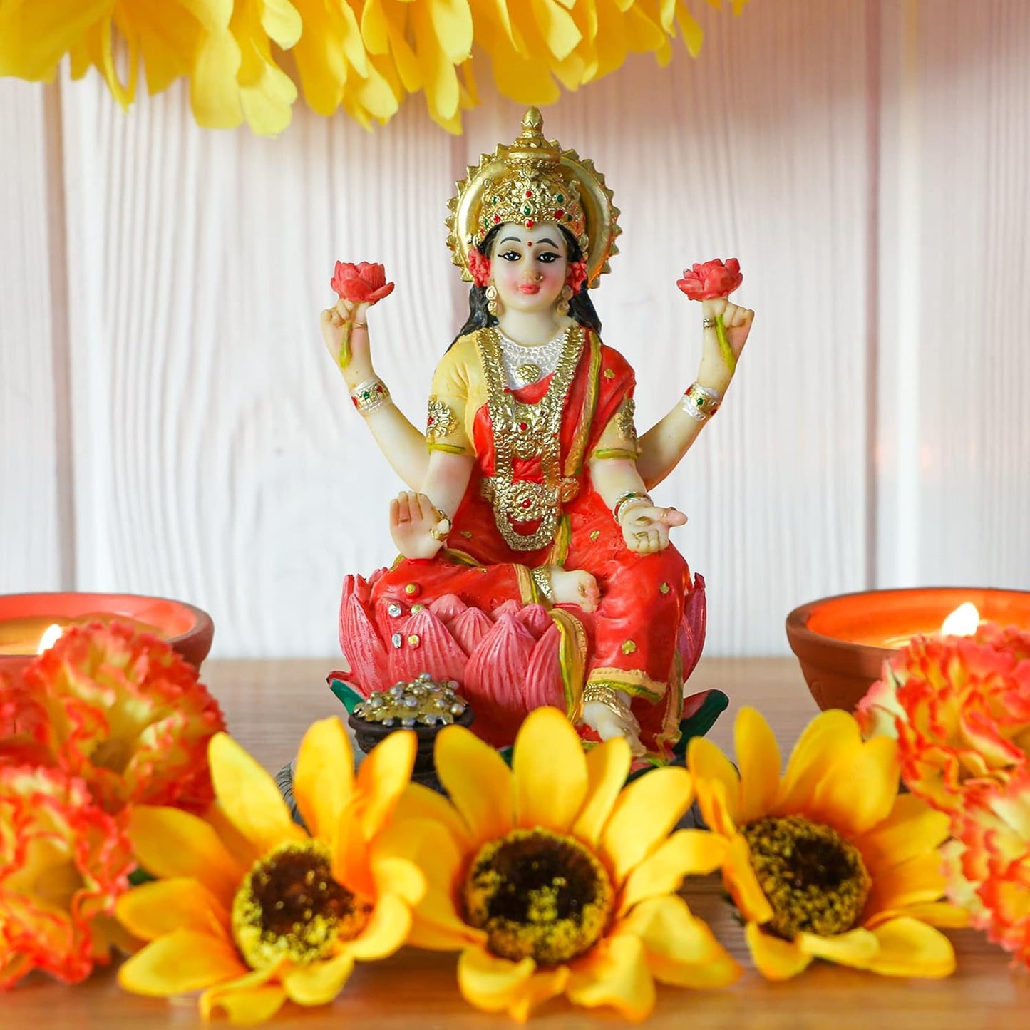 Indian Goddess Lakshmi Statue Figurine - 5.3”H Lakshmi Idols Statue Murti Laxmi Staue Home Office Temple Mandir Pooja item Diwali Gifts Diwali Decoration for Home Spiritual Gift