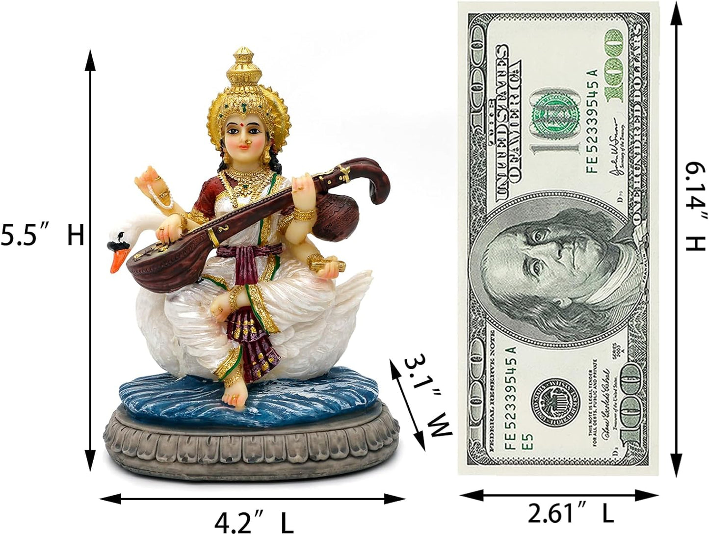Indian Gifts Item Saraswati Statue - 5.5”H Saraswati Puja Diwali Gifts Pooja Vasant Panchami Home Office Temple Mandir Altar Yoga Studio Meditation Room Decor India Wedding Housewarming