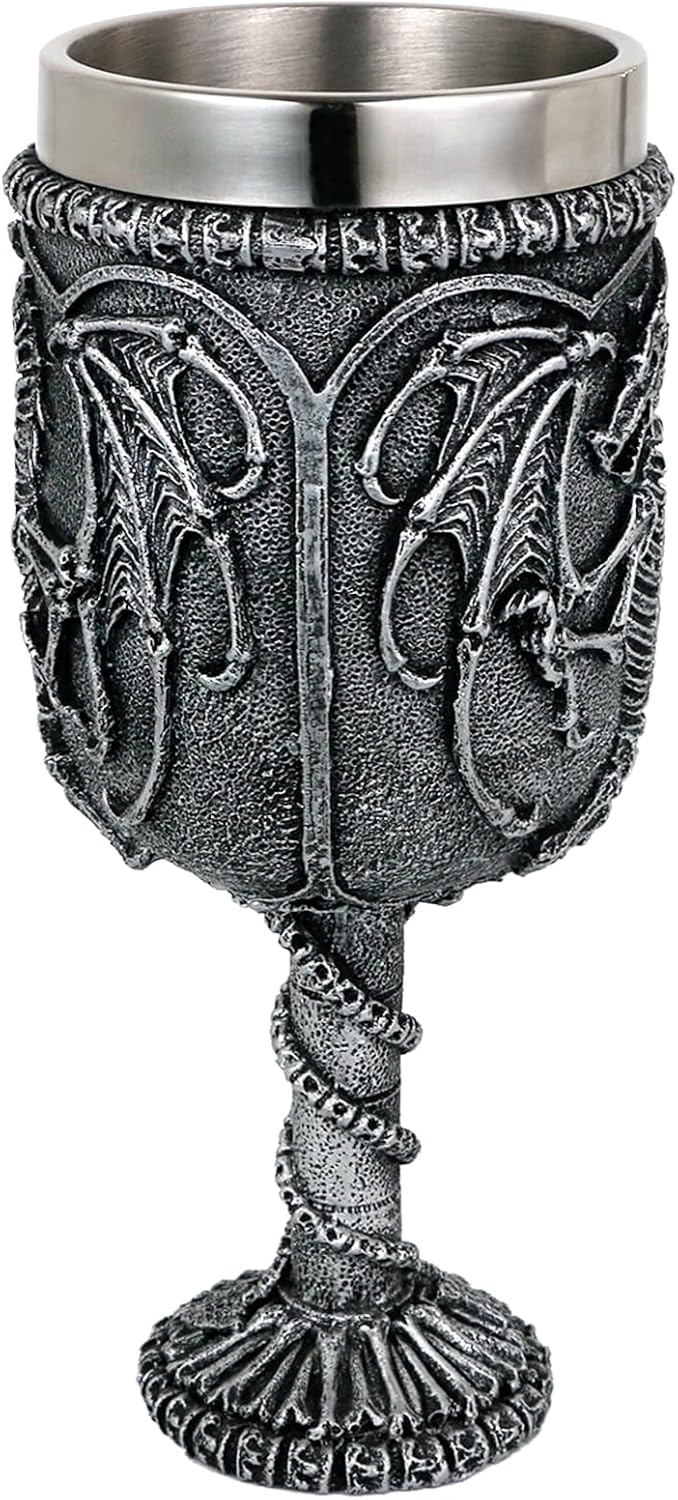 alikiki Medieval Skull Dragon Wine Goblet - Dungeons and Dragons Chalice Goblet 15.8oz Stainless Steel Drinking Cup GOT Dragon D&D Fans Gift for Party Decor