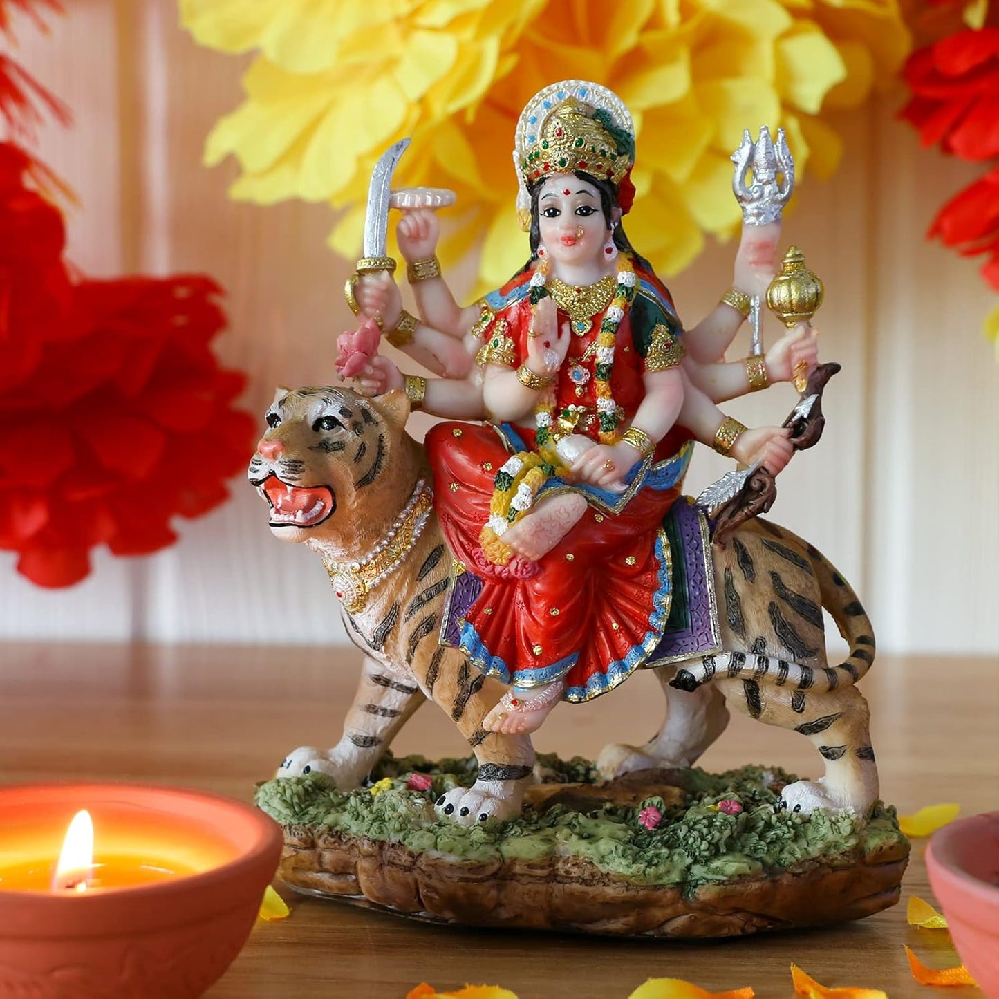 India Goddess Durga Idol Figurine - 5.8”H Hindu Idols Durga on Tiger Statue for Home Office Temple Mandir Altar Shrine Pooja Item Diwali Gifts