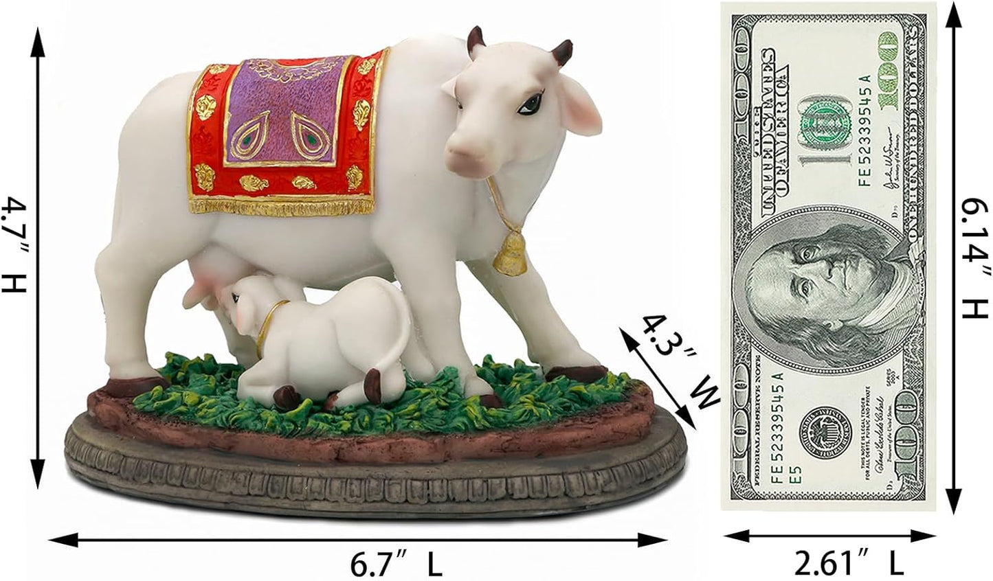 Hindu God Cow Calf Statue- 6.7" L Indian Idol Cow with Calf Figurines Gifts for Indian Friends Family Friends Family Diwali Gifts Murti Pooja Item Home Office Mandir Temple Puja Decor
