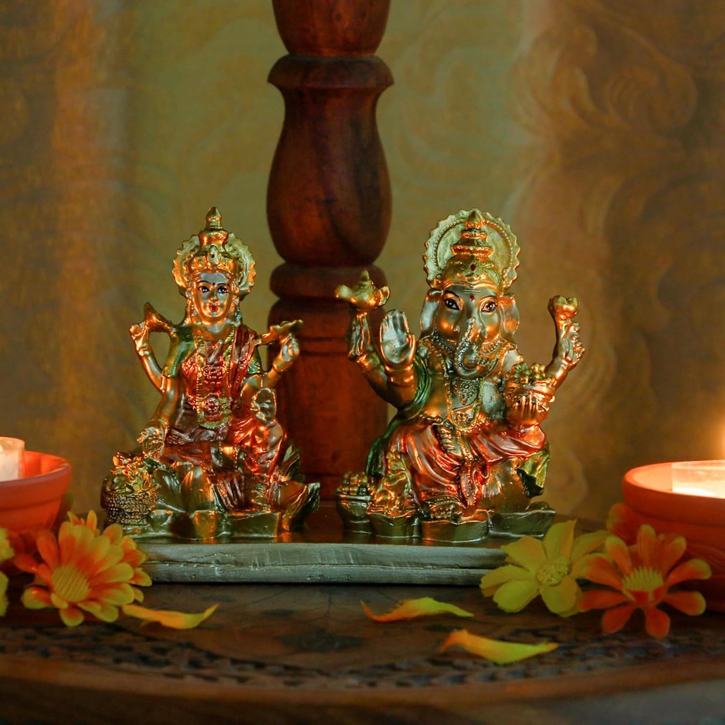 Hindu Lord Ganesha Lakshmi Statue – 3.7“H Indian God Laxmi Ganesh Murti Item Home Temple Puja Pooja Idol Diwali Gift India Home Office Mandir Altar Item
