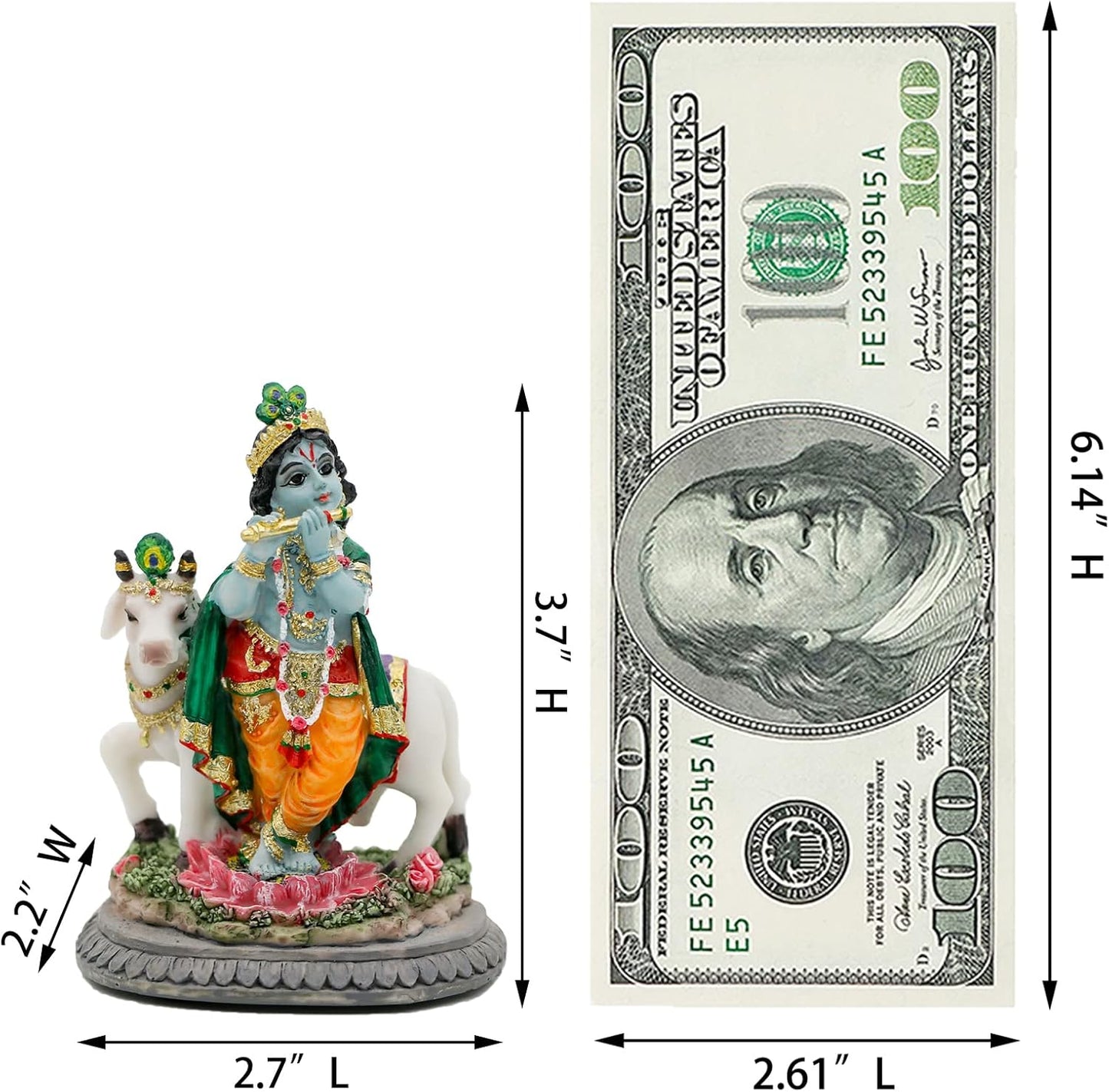 Hindu Idol Lord Krishna Statue- 3.7”H Handmade Standing Krishna Murti Playing Flute with Cow for Home Office Mandir Temple Altar Shrine Pooja Item Diwali Puja Gifts