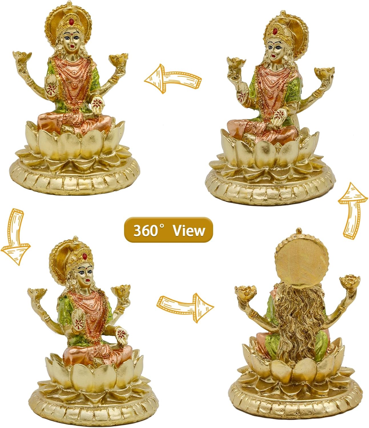 Hindu Goddess Lord Laxmi Statue - 4.4" H Gold Indian God Lakshmi Figurine for Car Dashboar Decor Diwali Gifts for Friends Home Office Temple Mandir Pooja Item