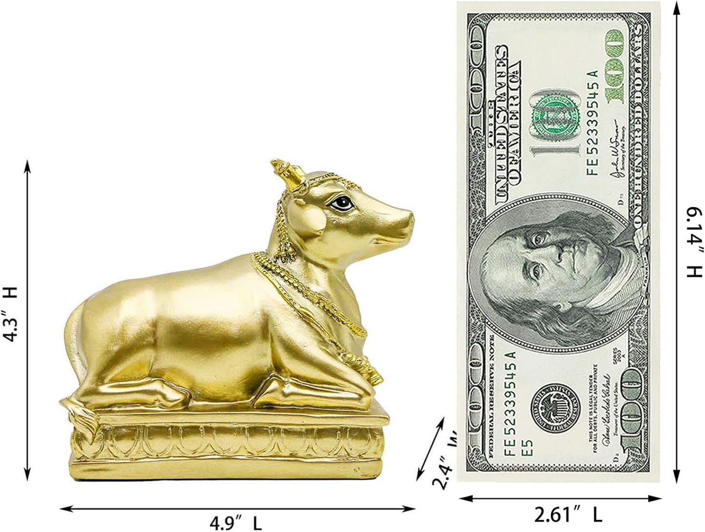 Hindu Nandi Holy Cow Statues - 2PCS Gold Nandi Cow Sitting Position Statue for House Temples Puja Home Decor Diwali Gift