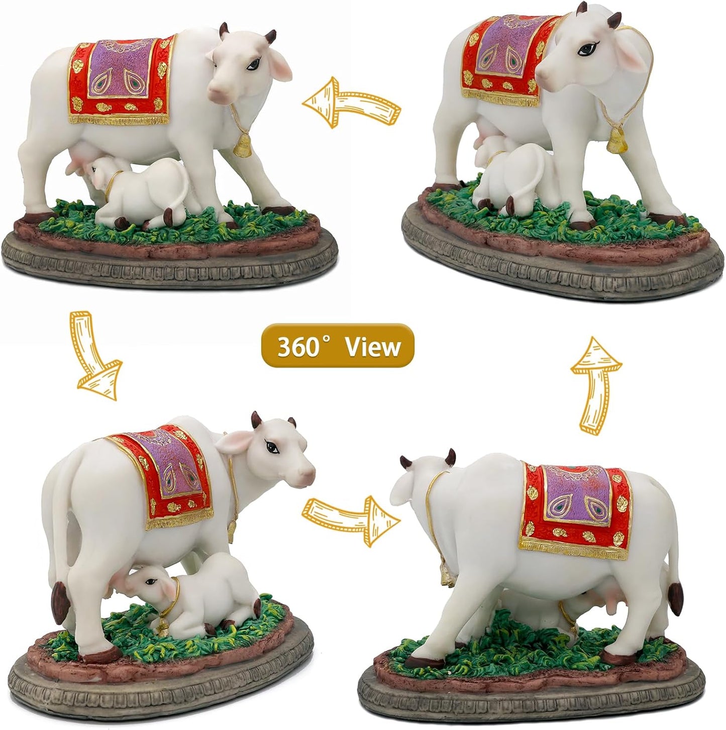 Hindu God Cow Calf Statue- 6.7" L Indian Idol Cow with Calf Figurines Gifts for Indian Friends Family Friends Family Diwali Gifts Murti Pooja Item Home Office Mandir Temple Puja Decor