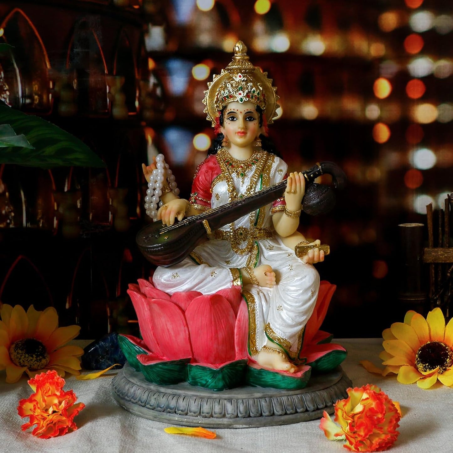 Hindu Goddess Saraswati Statue - 8.6" H Saraswati Sculpture Indian Diwali Pooja Item Murti Gifts for Indian Man Woman Friends Family Diwali gifts Home Office Mandir Temple Puja Decor