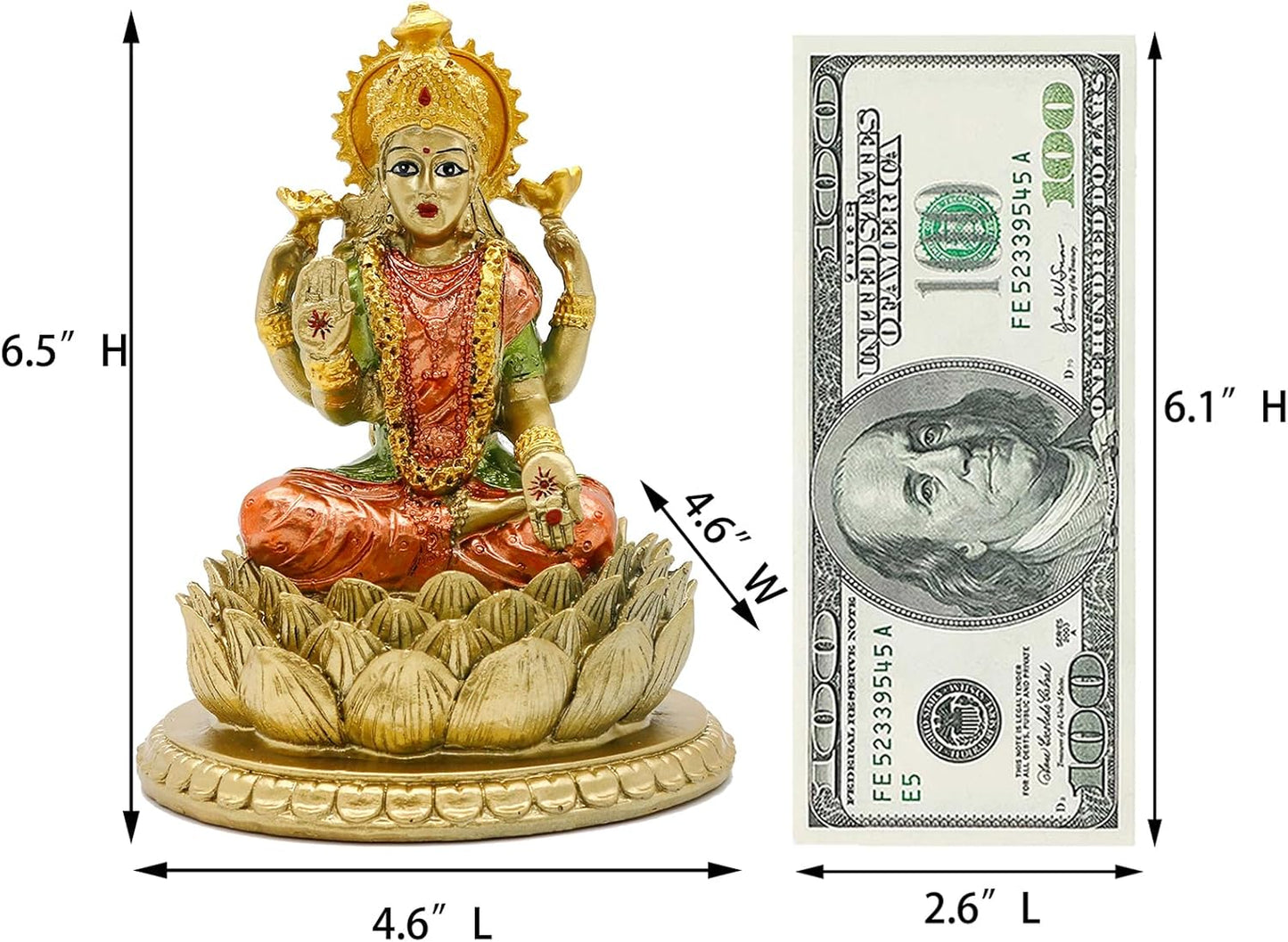 Lakshmi On Lotus 6.5" H lndian God Laxmi Statue Hindu Murti Item Home Temple Mandir Pooja Decor Hindu God and Goddess for Diwali Gifts Birthday Gifts for India People