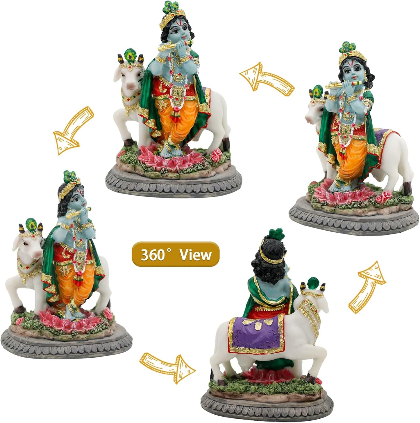 Hindu Idol Lord Krishna Statue- 3.7”H Handmade Standing Krishna Murti Playing Flute with Cow for Home Office Mandir Temple Altar Shrine Pooja Item Diwali Puja Gifts