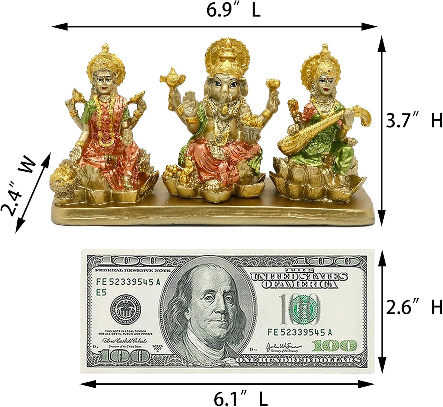 Hindu Lakshmi Ganesha Saraswati Statue - Laxmi Ganesh Idol for Car Dashboard Decor Home Temple Mandir Pooja Item Indian Puja Item Diwali Gift Meditation Yoga Altar Decoration