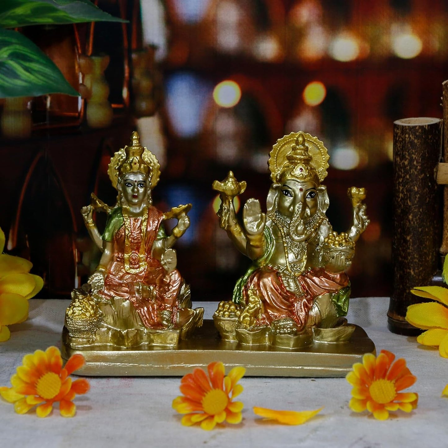 Hindu Lord Ganesha Lakshmi Statue – 3.7“H Indian God Laxmi Ganesh Murti Item Home Temple Puja Pooja Idol Diwali Gift India Home Office Mandir Altar Item