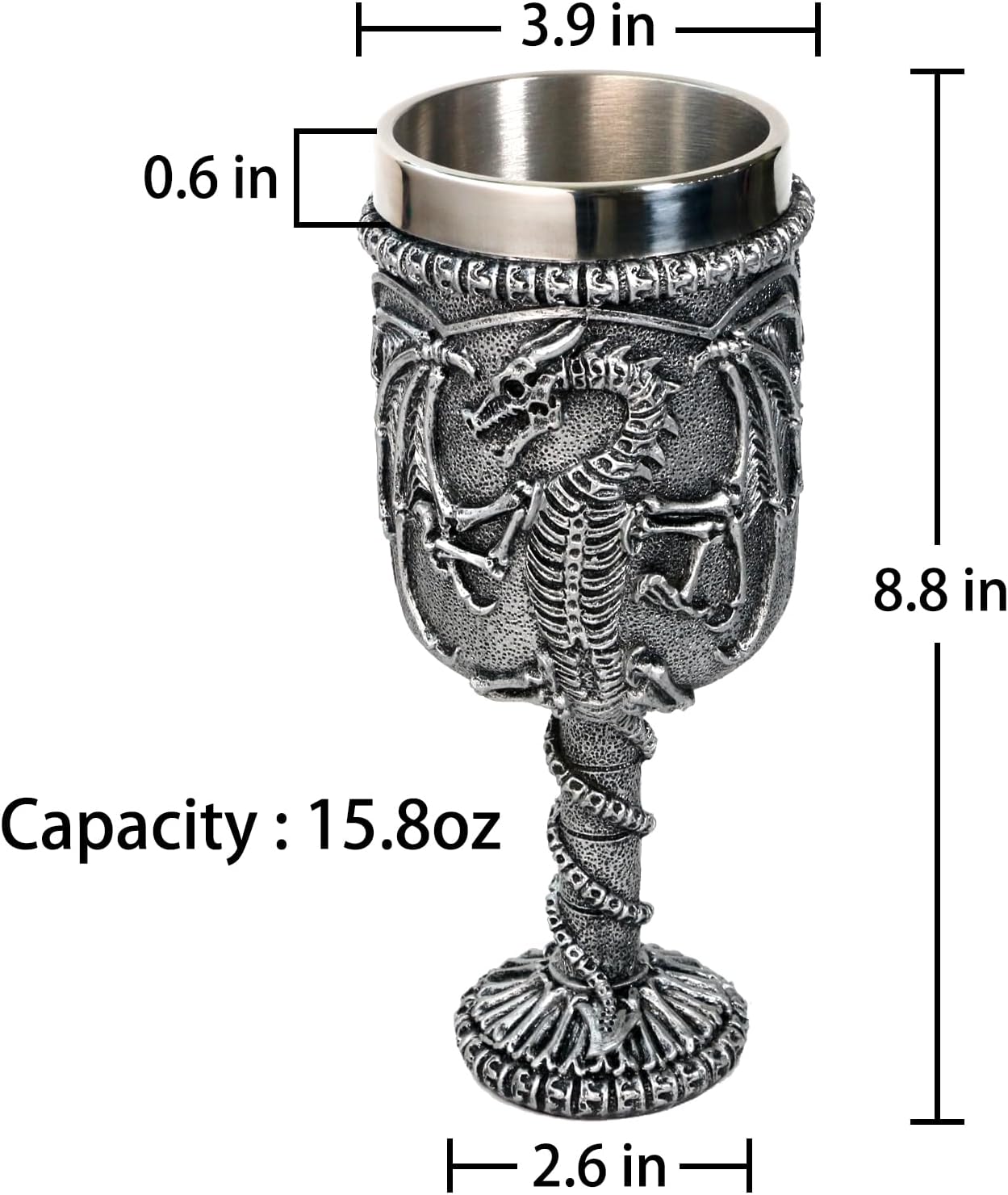 alikiki Medieval Skull Dragon Wine Goblet - Dungeons and Dragons Chalice Goblet 15.8oz Stainless Steel Drinking Cup GOT Dragon D&D Fans Gift for Party Decor