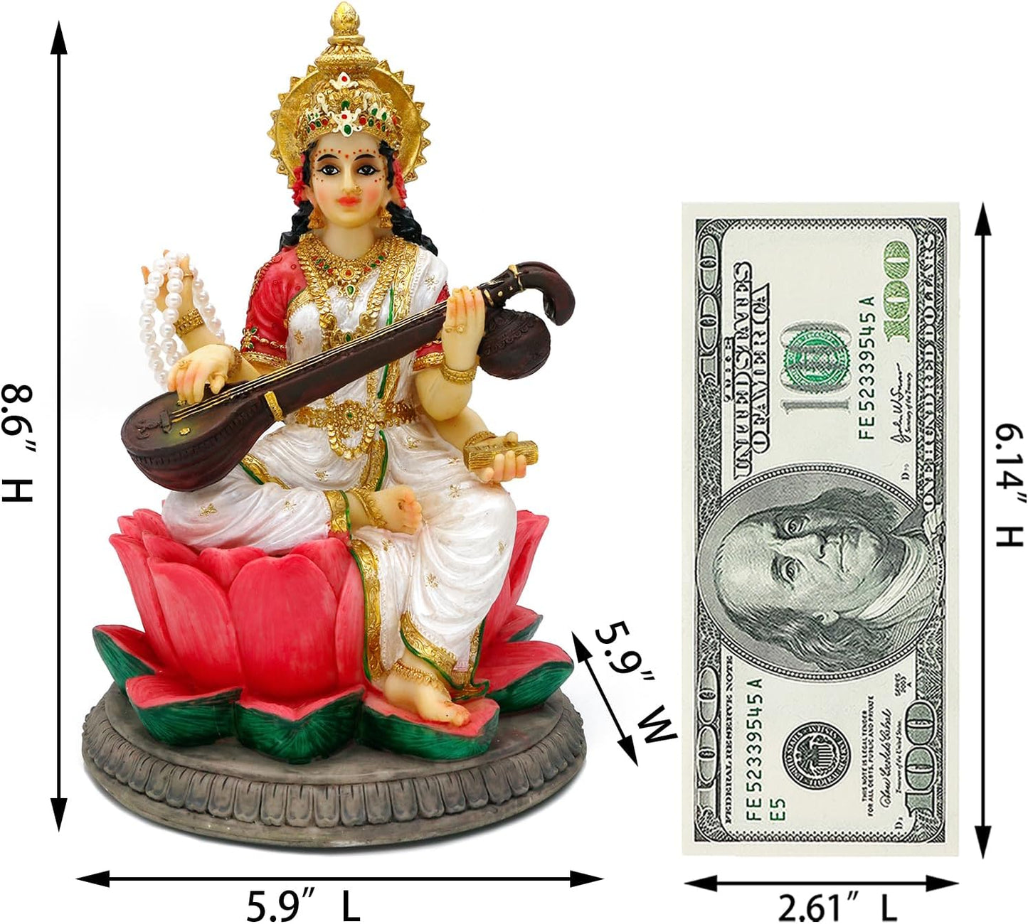 Hindu Goddess Saraswati Statue - 8.6" H Saraswati Sculpture Indian Diwali Pooja Item Murti Gifts for Indian Man Woman Friends Family Diwali gifts Home Office Mandir Temple Puja Decor