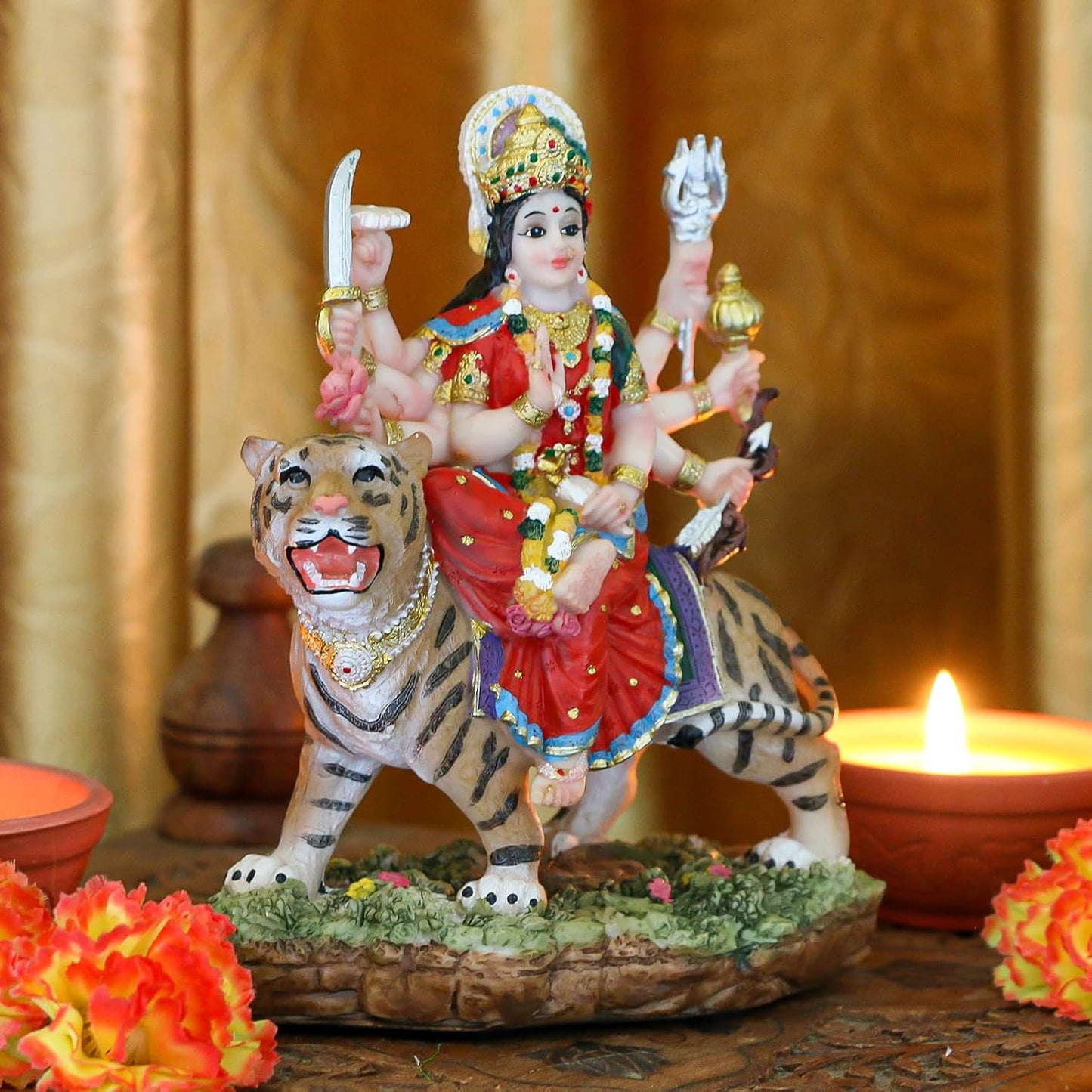 India Goddess Durga Idol Figurine - 5.8”H Hindu Idols Durga on Tiger Statue for Home Office Temple Mandir Altar Shrine Pooja Item Diwali Gifts