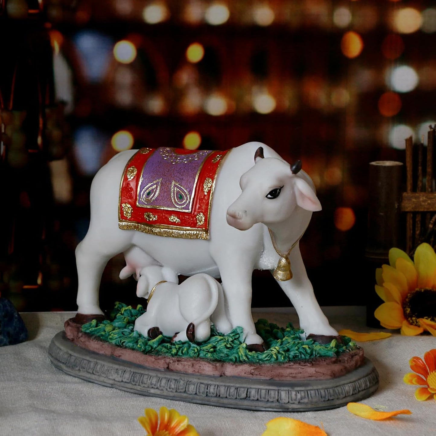 Hindu God Cow Calf Statue- 6.7" L Indian Idol Cow with Calf Figurines Gifts for Indian Friends Family Friends Family Diwali Gifts Murti Pooja Item Home Office Mandir Temple Puja Decor