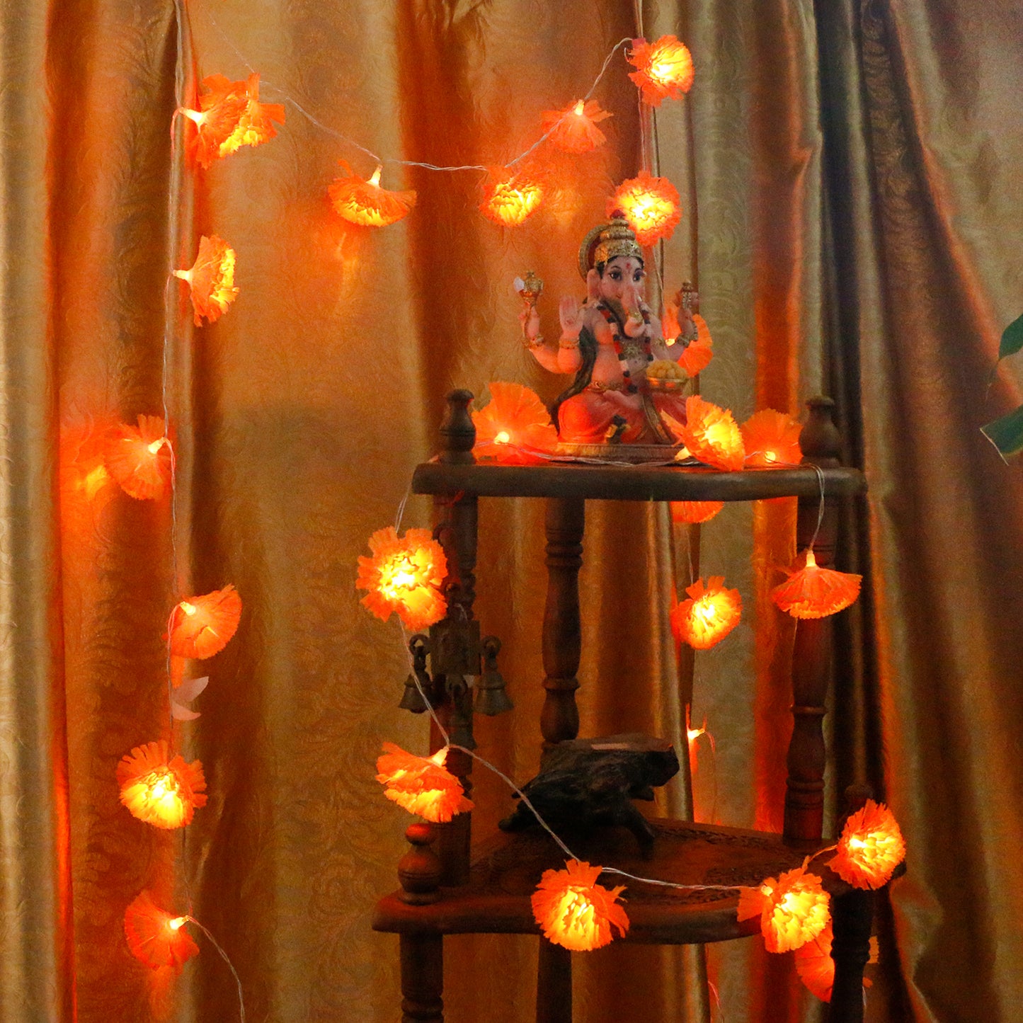 alikiki Artificial Marigold Flowers String Lights - 2 Packs USB-Powered Fabric Marigold Garland for Diwali Puja Gifts, Weddings, Indian Parties,Diwali Wall Door Pooja Room Altar Decor