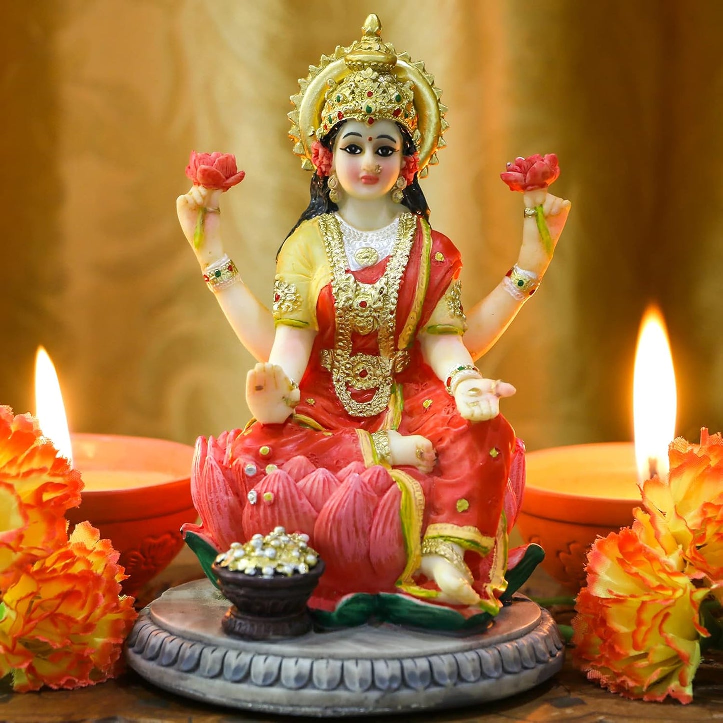 Indian Goddess Lakshmi Statue Figurine - 5.3”H Lakshmi Idols Statue Murti Laxmi Staue Home Office Temple Mandir Pooja item Diwali Gifts Diwali Decoration for Home Spiritual Gift