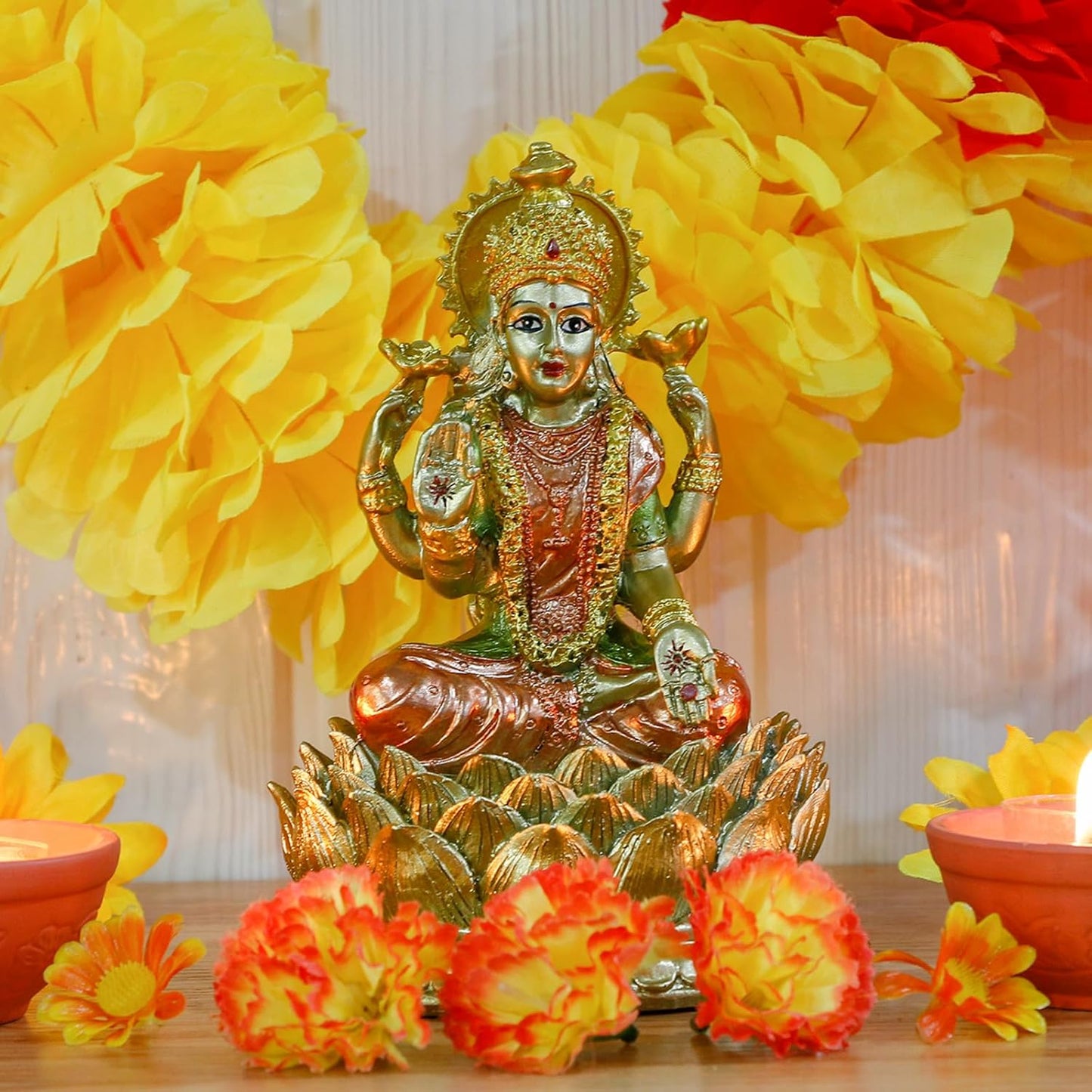 Lakshmi On Lotus 6.5" H lndian God Laxmi Statue Hindu Murti Item Home Temple Mandir Pooja Decor Hindu God and Goddess for Diwali Gifts Birthday Gifts for India People