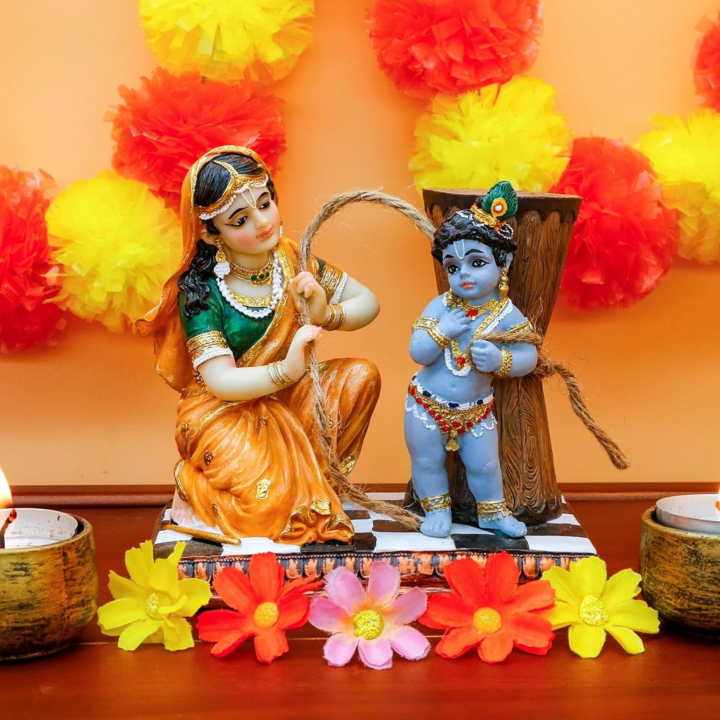 Maa Yashoda Binding Krishna Murti - Divine 5.1" Hindu God Lord Krishna Statue Hand Painted Polystone Sculpture Indian Diwali Gifts Pooja Item Office Home Temple Mandir Puja Decor