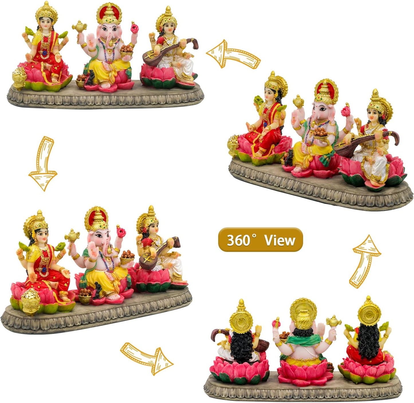 India Laxmi Ganesh Saraswati Statue - 3.9”H Indian God Lakshmi Ganesha Saraswati Idol Figurine Hindu Diwali Gifts Diwali Decoration Home Office Mandir Temple Pooja Item