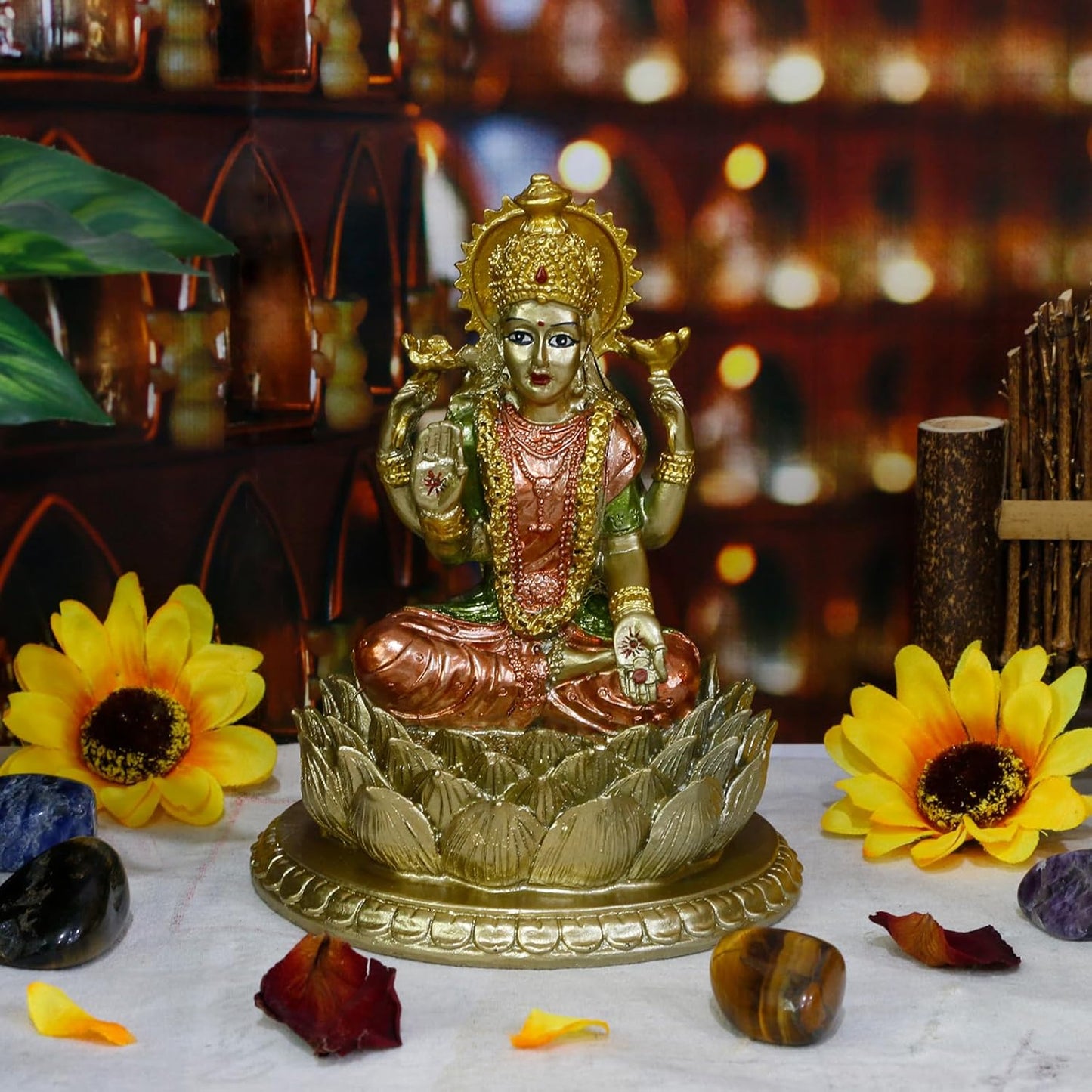 Lakshmi On Lotus 6.5" H lndian God Laxmi Statue Hindu Murti Item Home Temple Mandir Pooja Decor Hindu God and Goddess for Diwali Gifts Birthday Gifts for India People