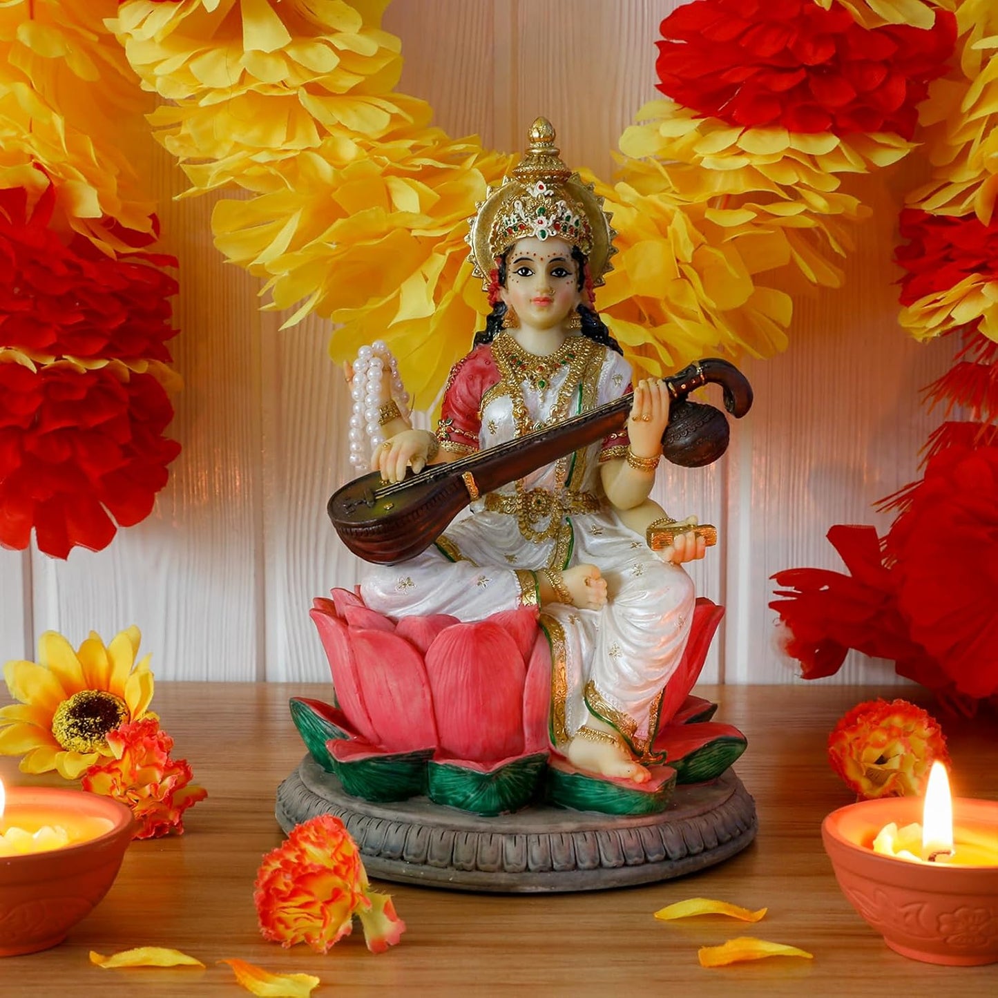 Hindu Goddess Saraswati Statue - 8.6" H Saraswati Sculpture Indian Diwali Pooja Item Murti Gifts for Indian Man Woman Friends Family Diwali gifts Home Office Mandir Temple Puja Decor