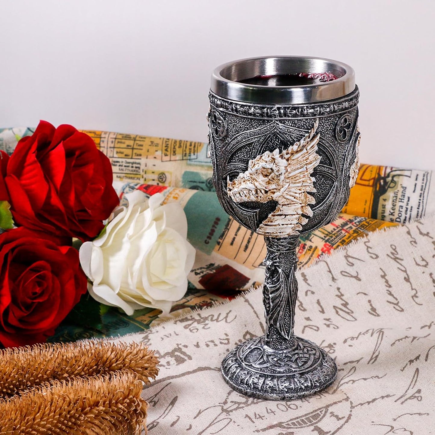 alikiki Medieval Skull GOT Dragon-Goblet - 7oz D&D Wine Goblets Chalices Dungeons and Dragons Gift Gothic Party Decor Father Day Birthday Stainless Steel Drinking Cups