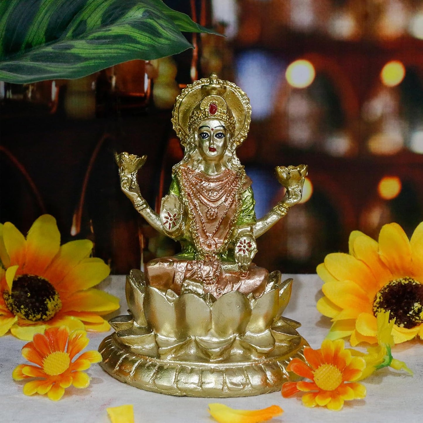 Hindu Goddess Lord Laxmi Statue - 4.4" H Gold Indian God Lakshmi Figurine for Car Dashboar Decor Diwali Gifts for Friends Home Office Temple Mandir Pooja Item