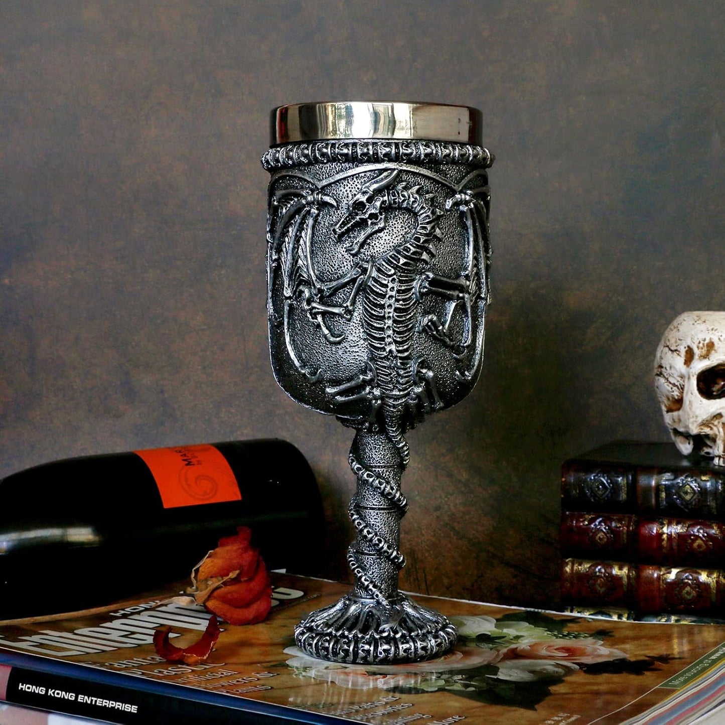 alikiki Medieval Skull Dragon Wine Goblet - Dungeons and Dragons Chalice Goblet 15.8oz Stainless Steel Drinking Cup GOT Dragon D&D Fans Gift for Party Decor