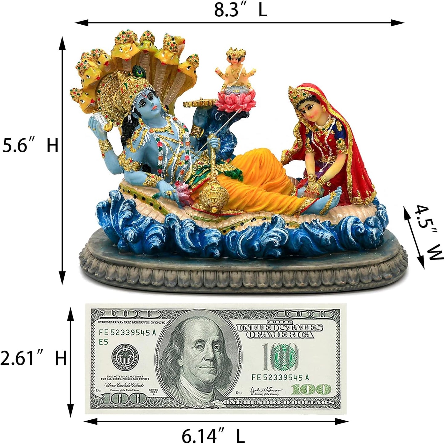 alikiki Hindu God Lord Vishnu Statue - 8.3”L Mahavishnu Figurine Divine Hindu Deity for Spiritual Worship Home Office Studio Hotel Decor Mandir Temple Altar Diwali Puja Item