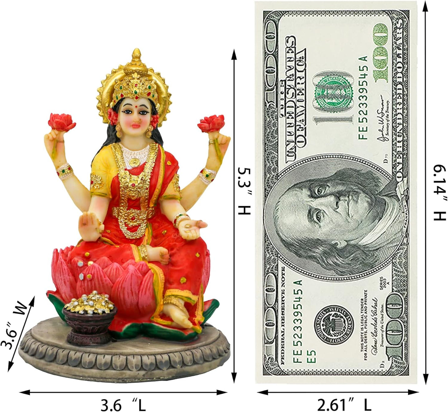 Indian Goddess Lakshmi Statue Figurine - 5.3”H Lakshmi Idols Statue Murti Laxmi Staue Home Office Temple Mandir Pooja item Diwali Gifts Diwali Decoration for Home Spiritual Gift
