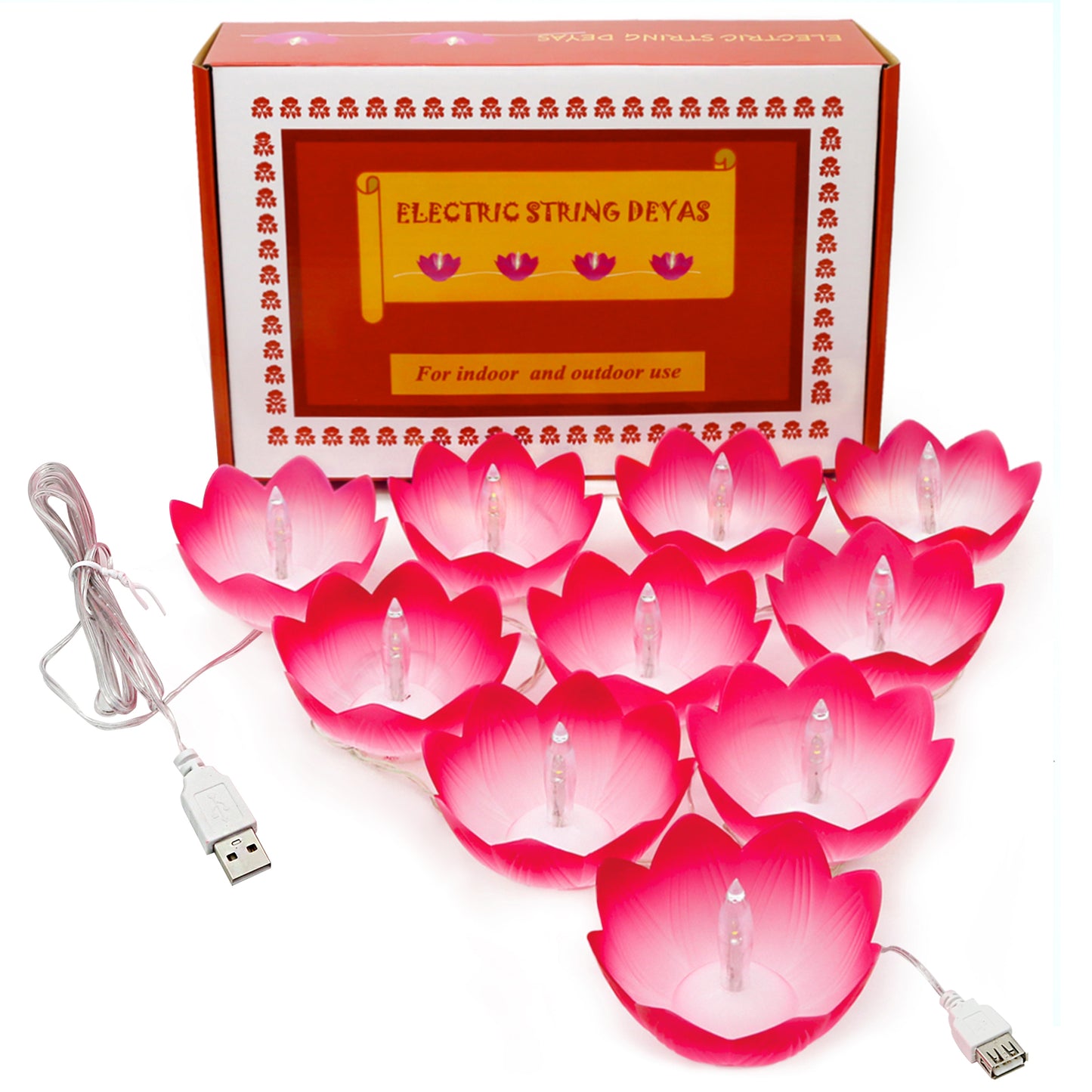 Diwali Lotus LED Diyas String-Lights - USB Powered Waterproof Diwali Diya Lights for Pooja Item Indian Home Office Mandir Puja Decor - Includes 5 Stickers (11.1ft)